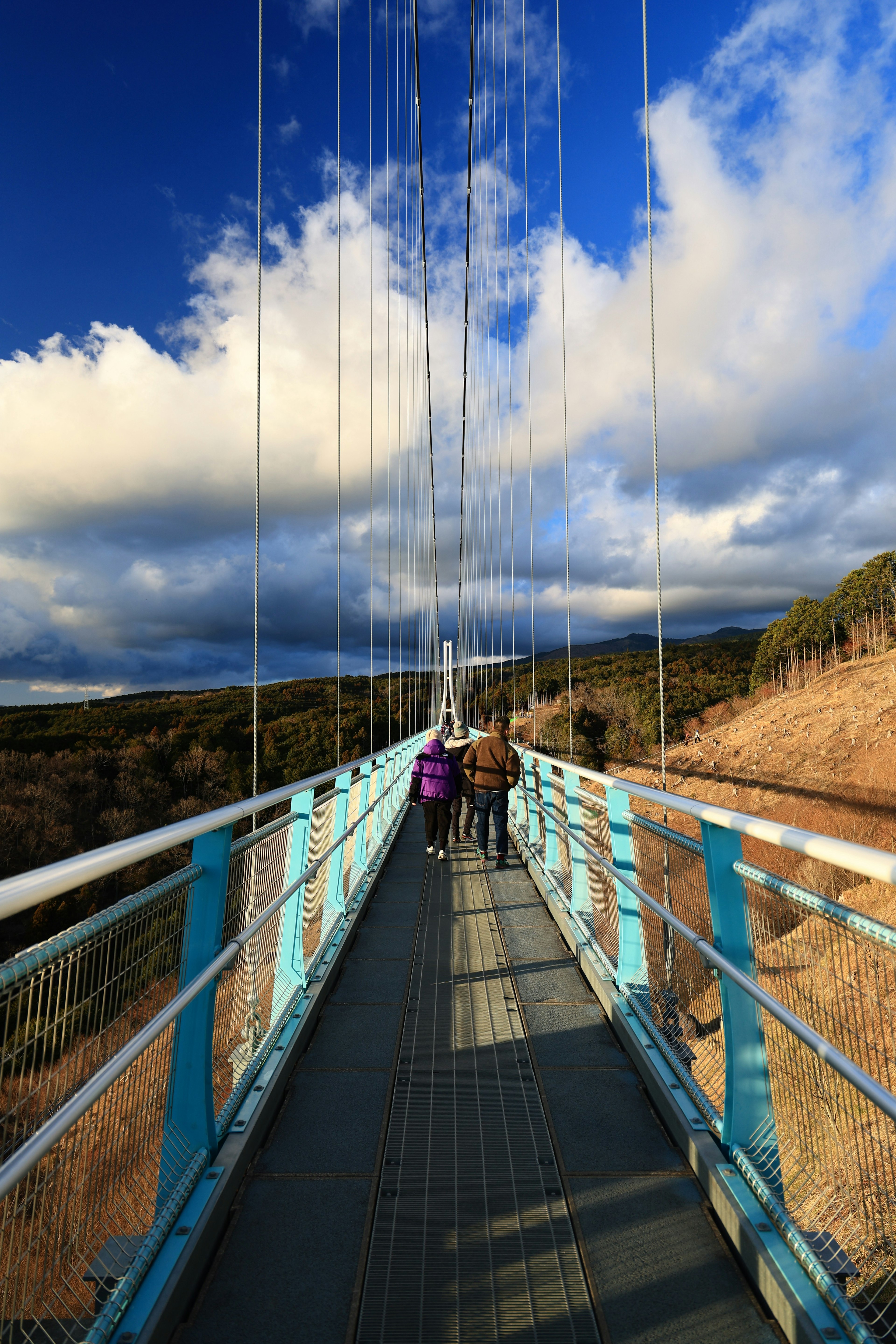 Zwei Personen, die auf einer blauen Hängebrücke unter einem schönen Himmel laufen