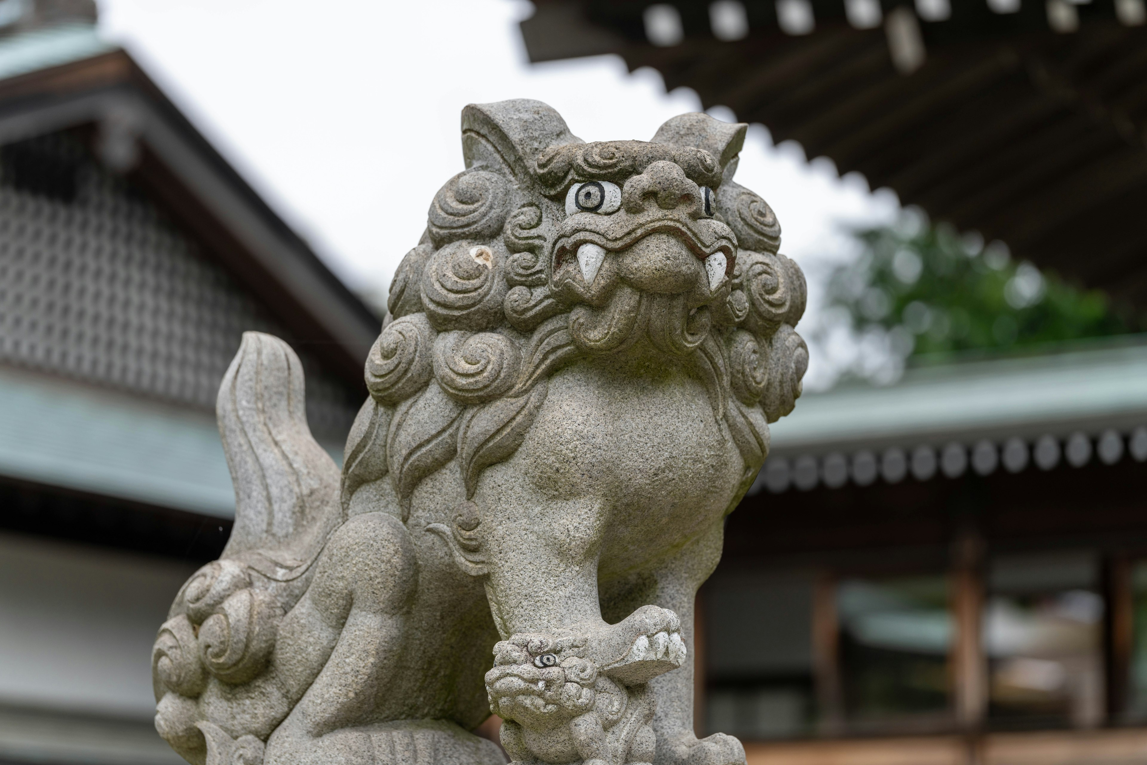 Estatua de piedra de un perro-león Shishi con detalles intrincados en un santuario