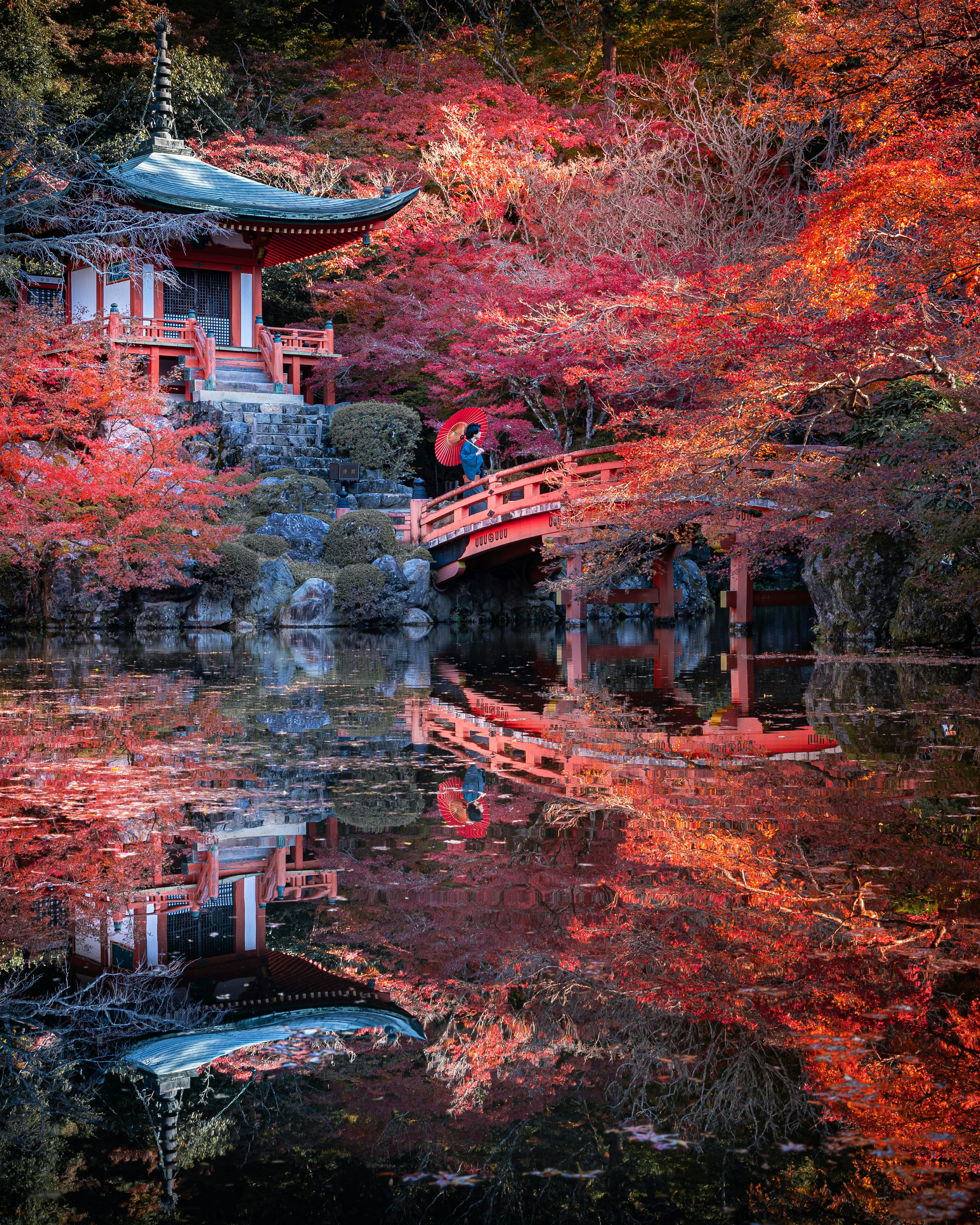 赤い葉に囲まれた美しい日本の寺院と橋の反映