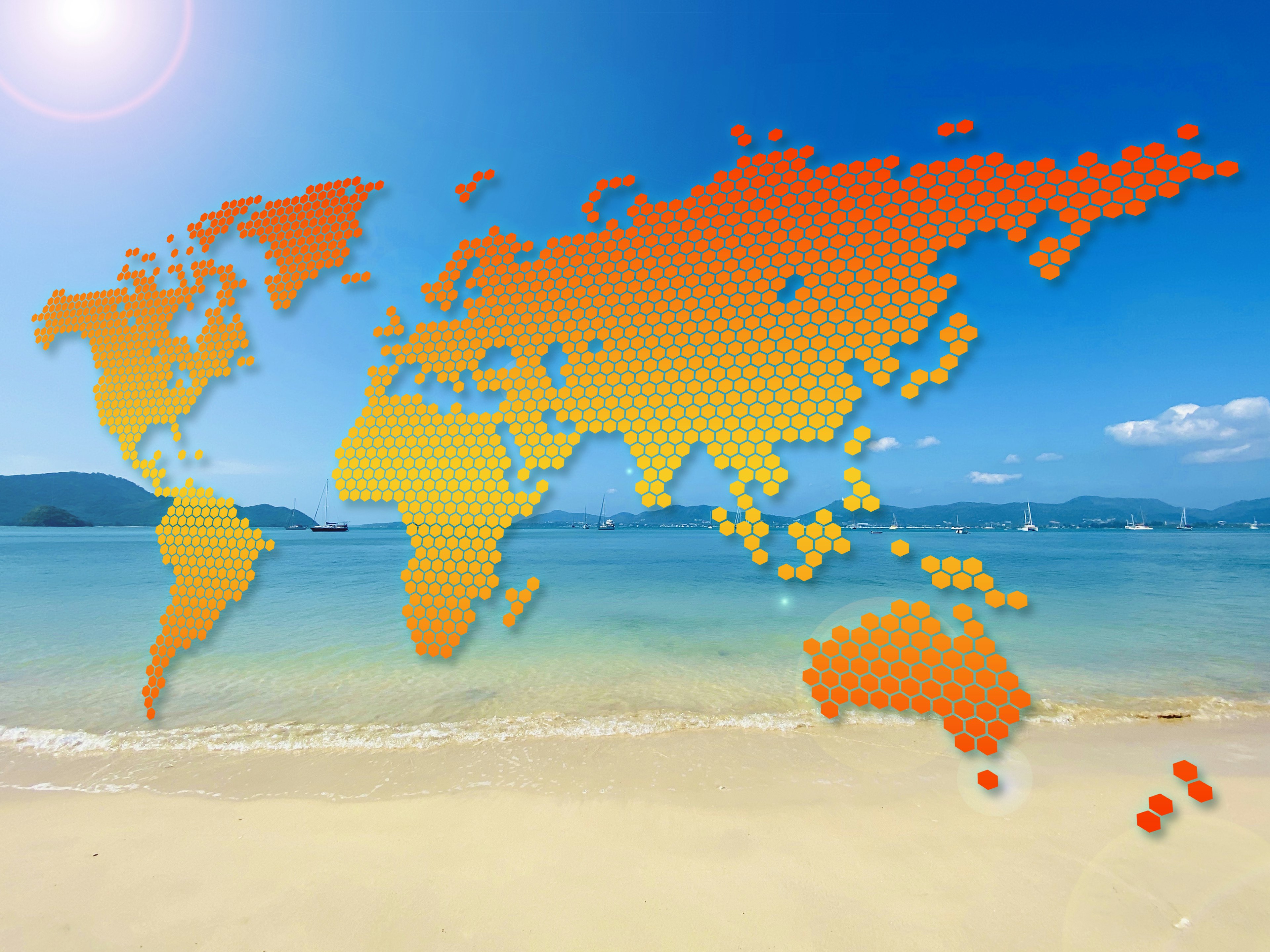 An orange world map overlaying a beach background with ocean and sky