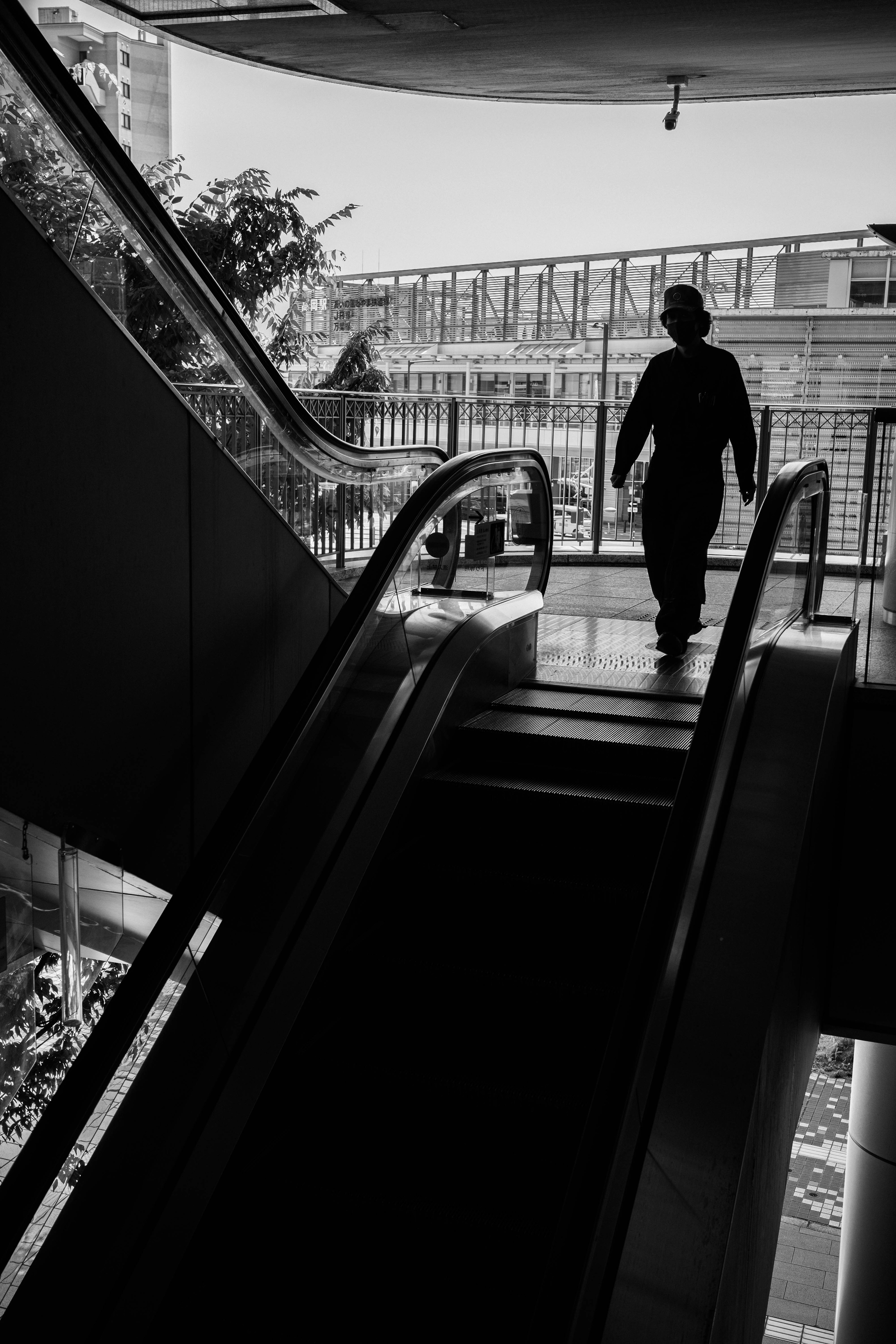 Silhouette of a person descending an escalator in a modern building interior