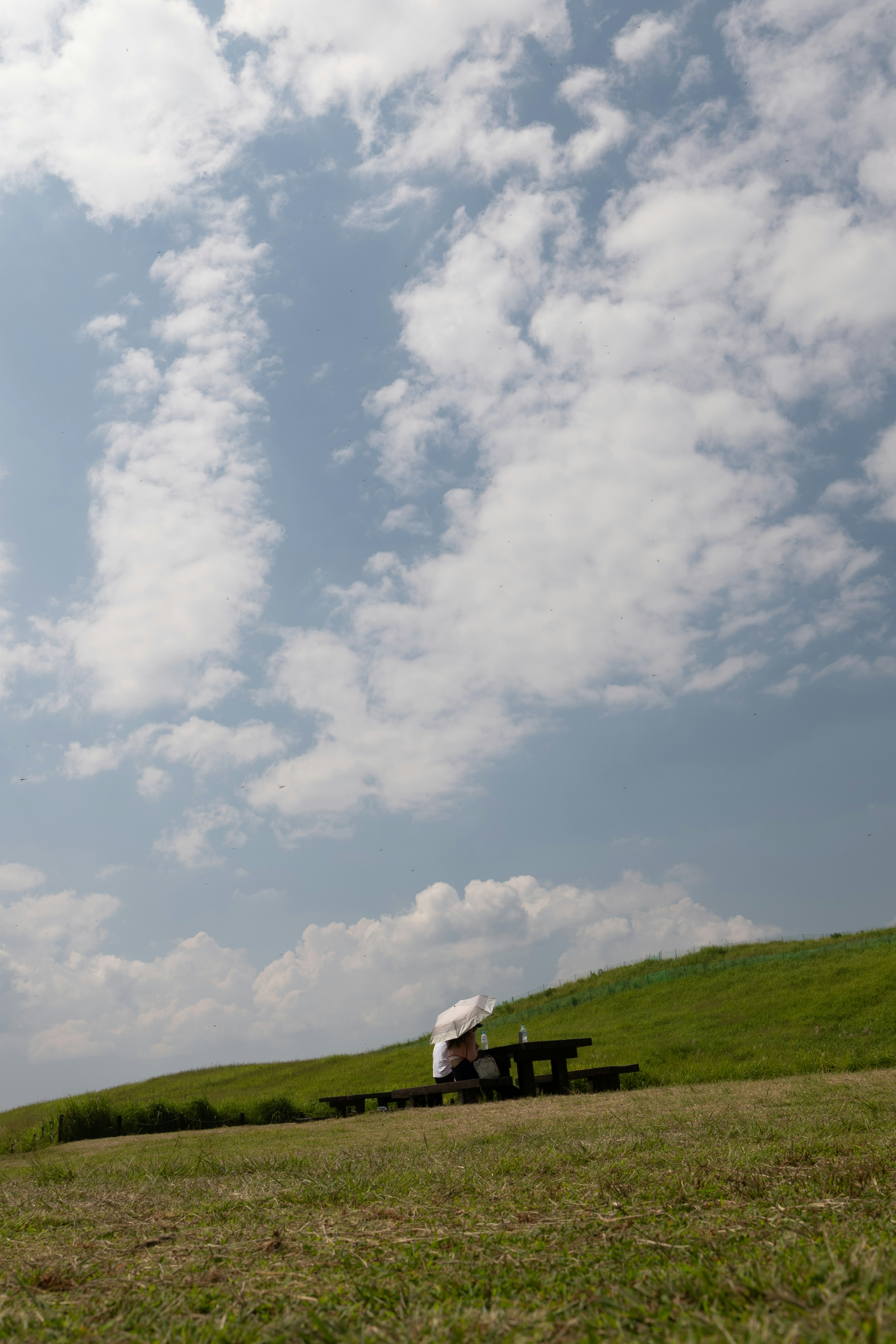 青空と白い雲の下に広がる緑の丘と小屋