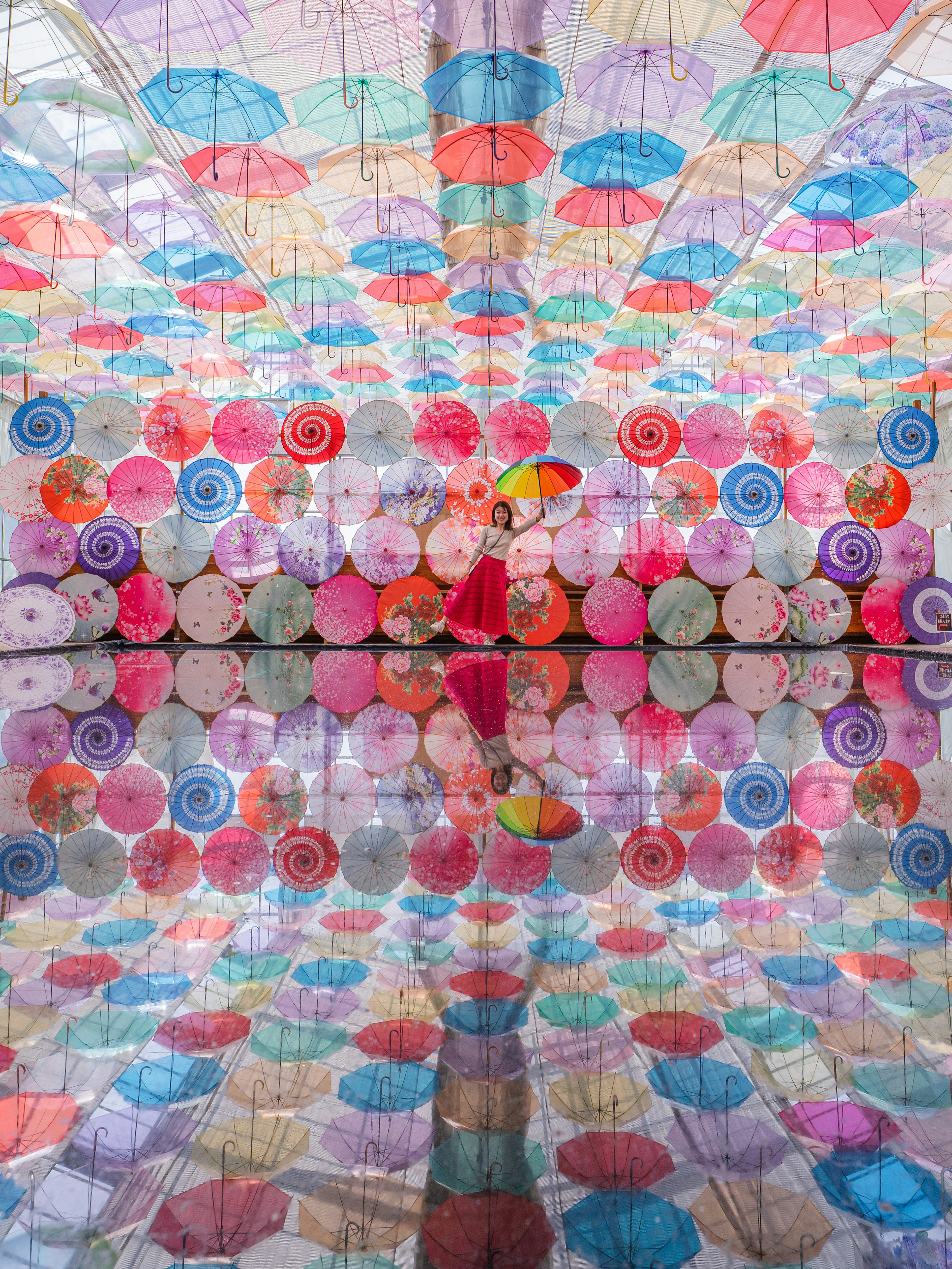 Des parapluies colorés suspendus au plafond se reflétant magnifiquement