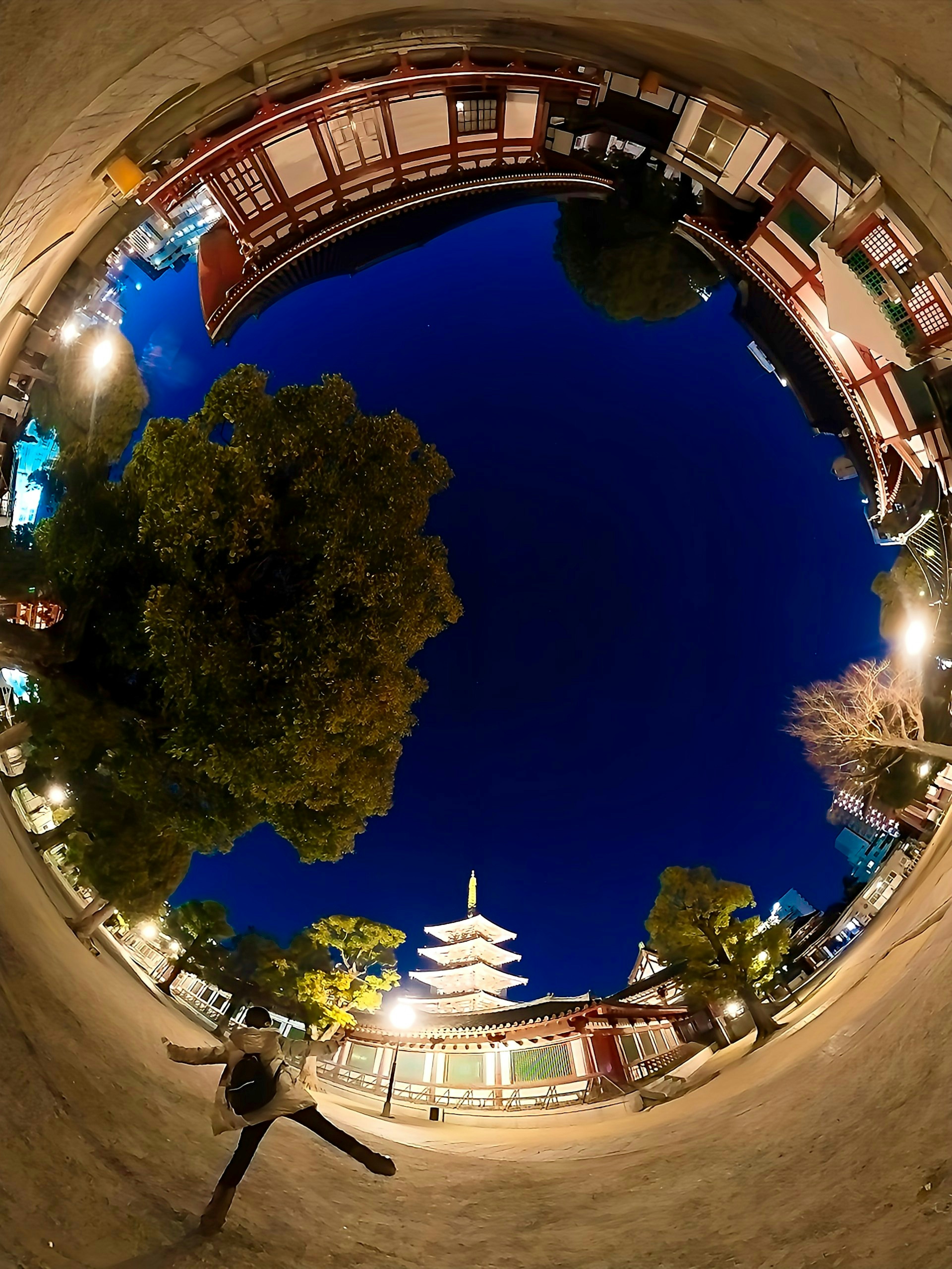 Pagoda bajo un cielo nocturno rodeada de árboles y edificios