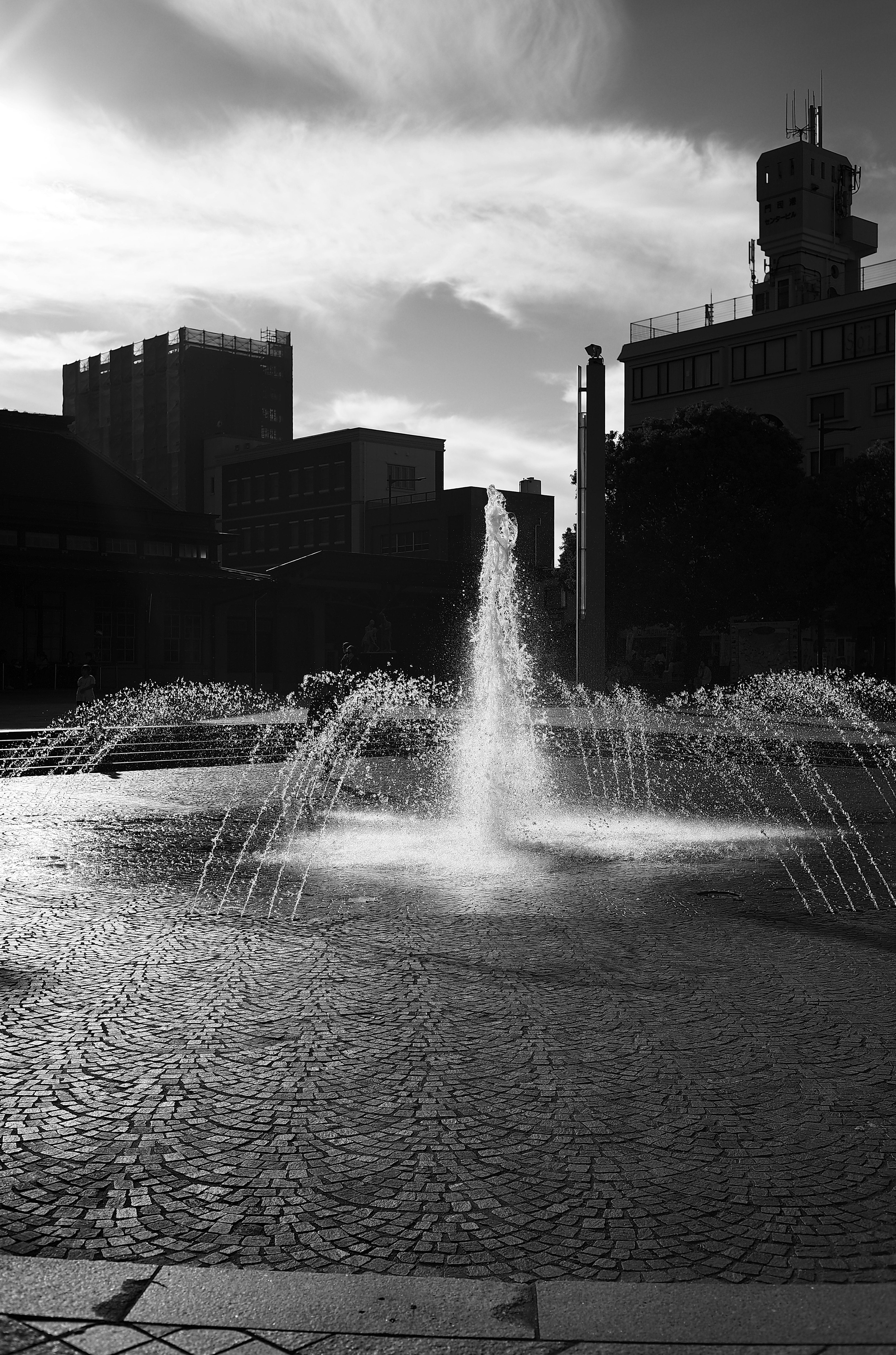 Image en noir et blanc d'une fontaine avec des silhouettes de bâtiments dans un cadre urbain