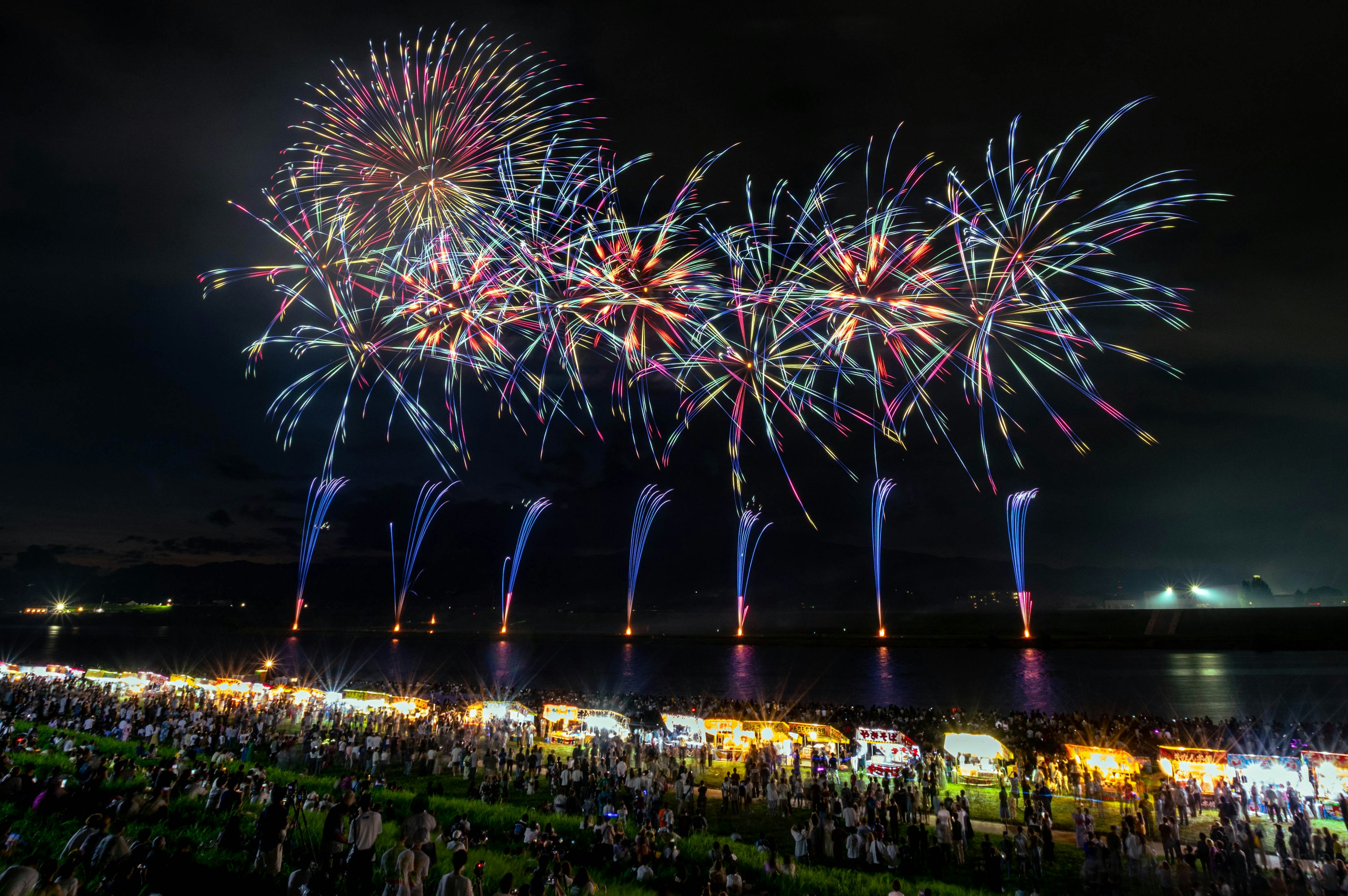 夜空を彩る花火のショーと観客の群れ