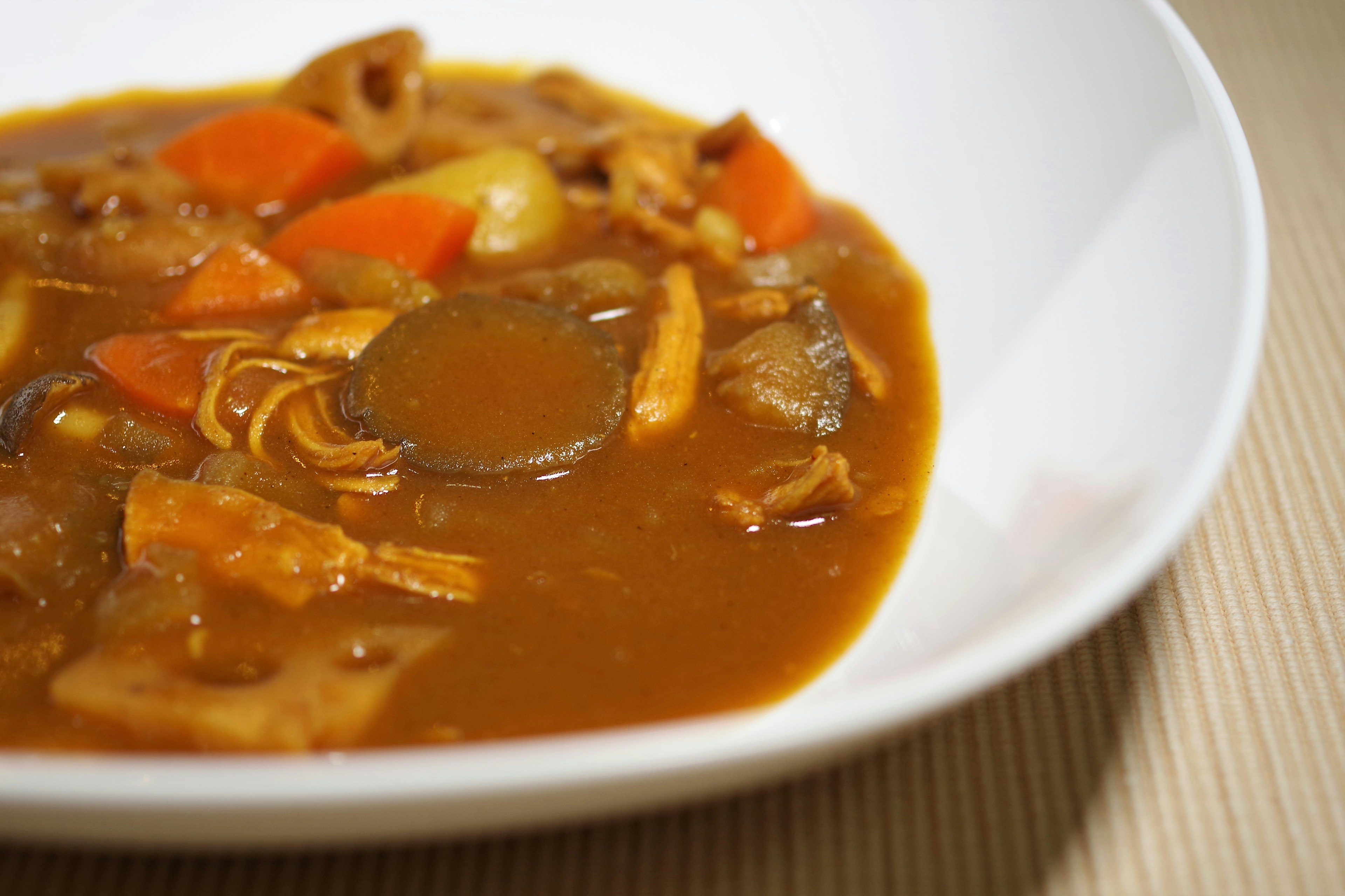 A rich brown stew with vegetables served in a white bowl