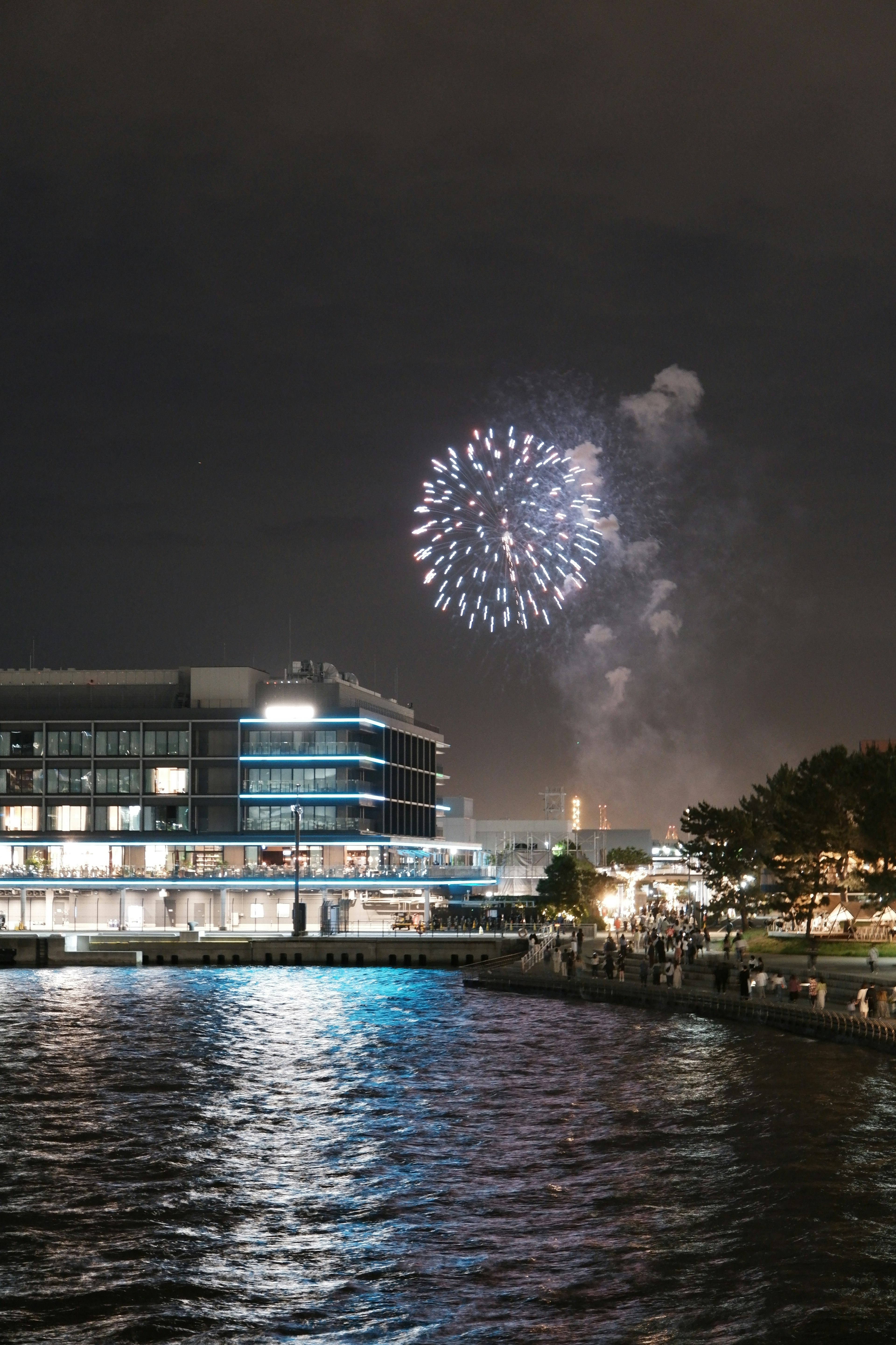 A modern building by the river with fireworks lighting up the night sky