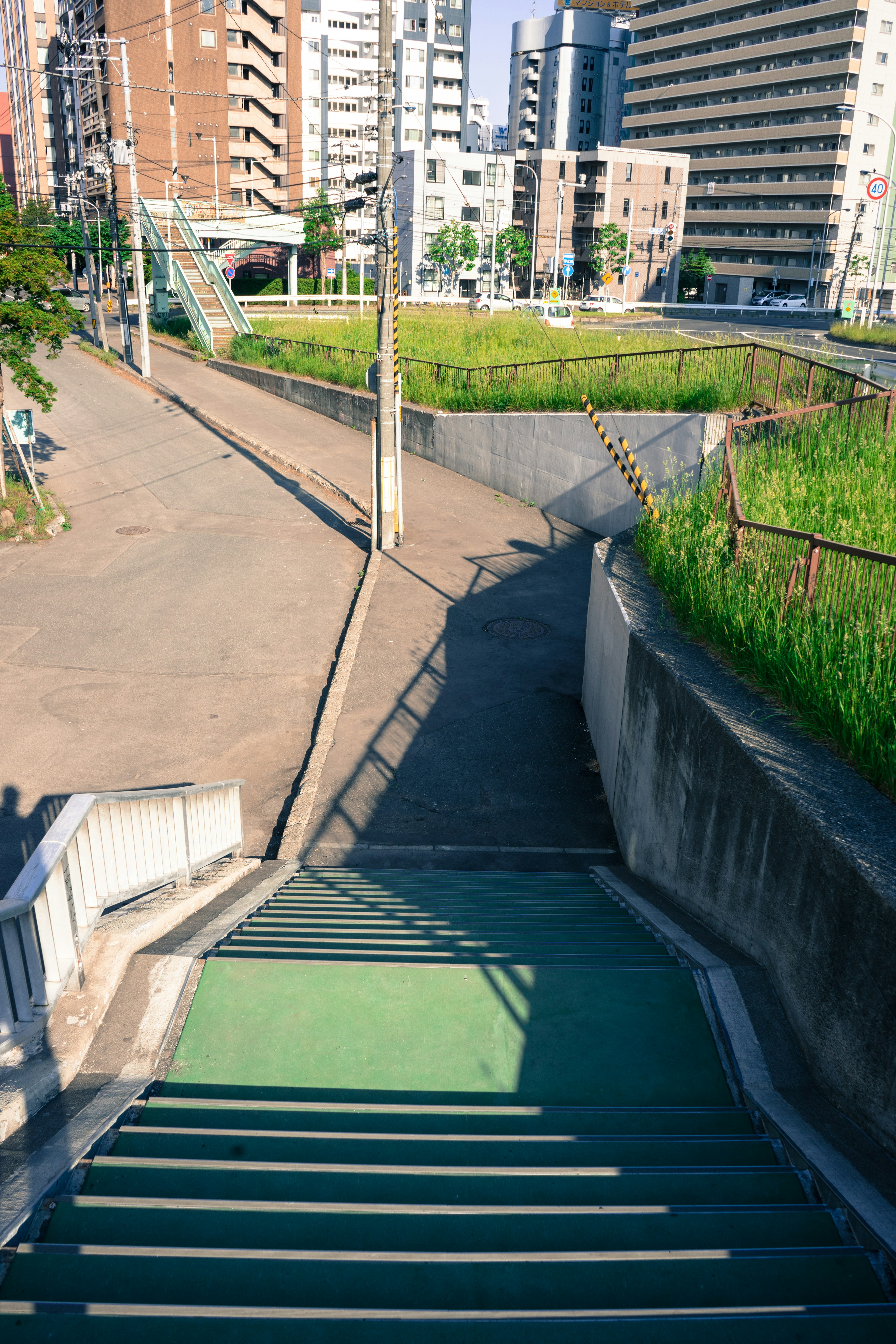 Paesaggio urbano con scale e area di erba verde