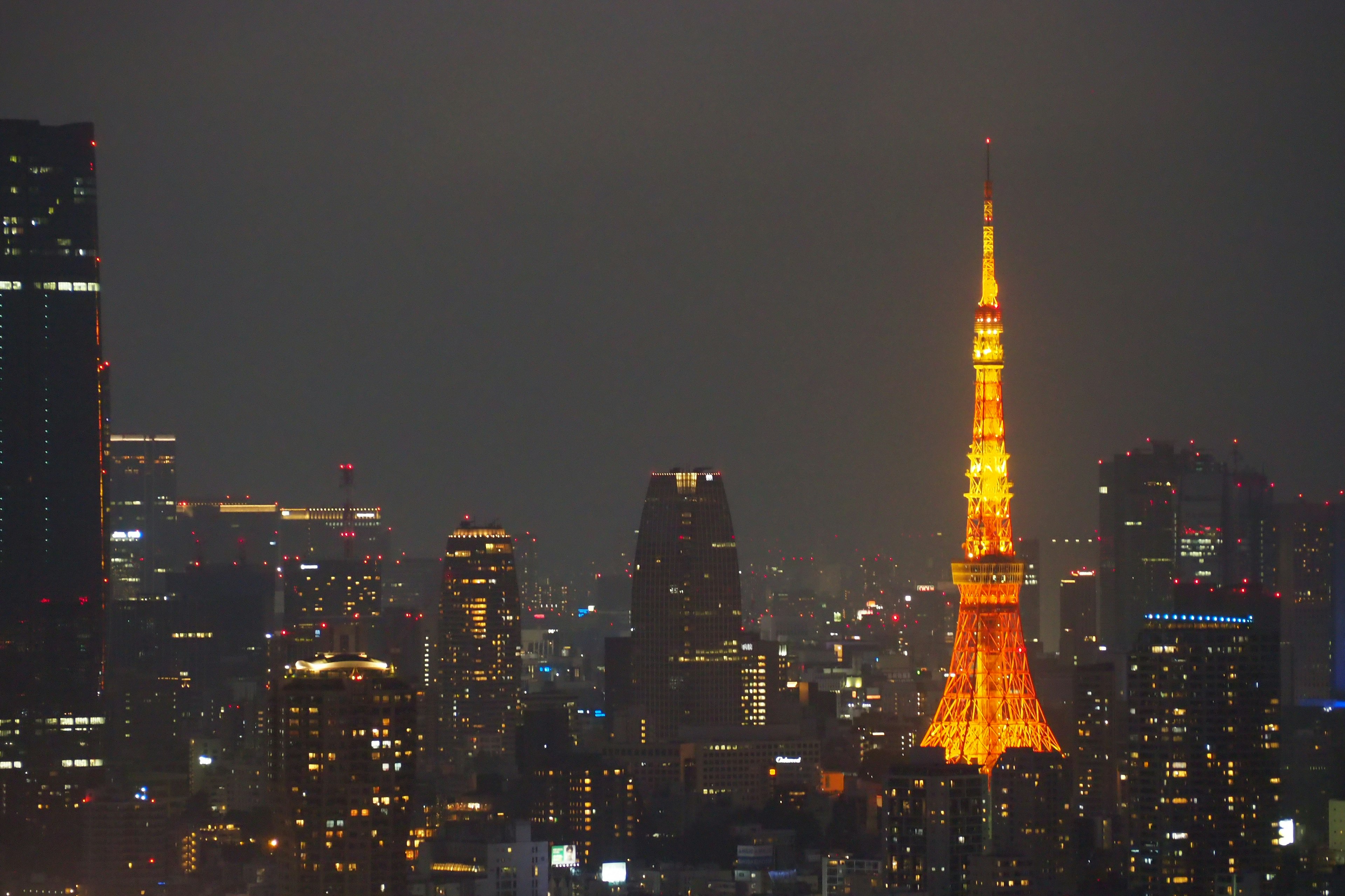 東京塔在夜晚城市天際線中發光