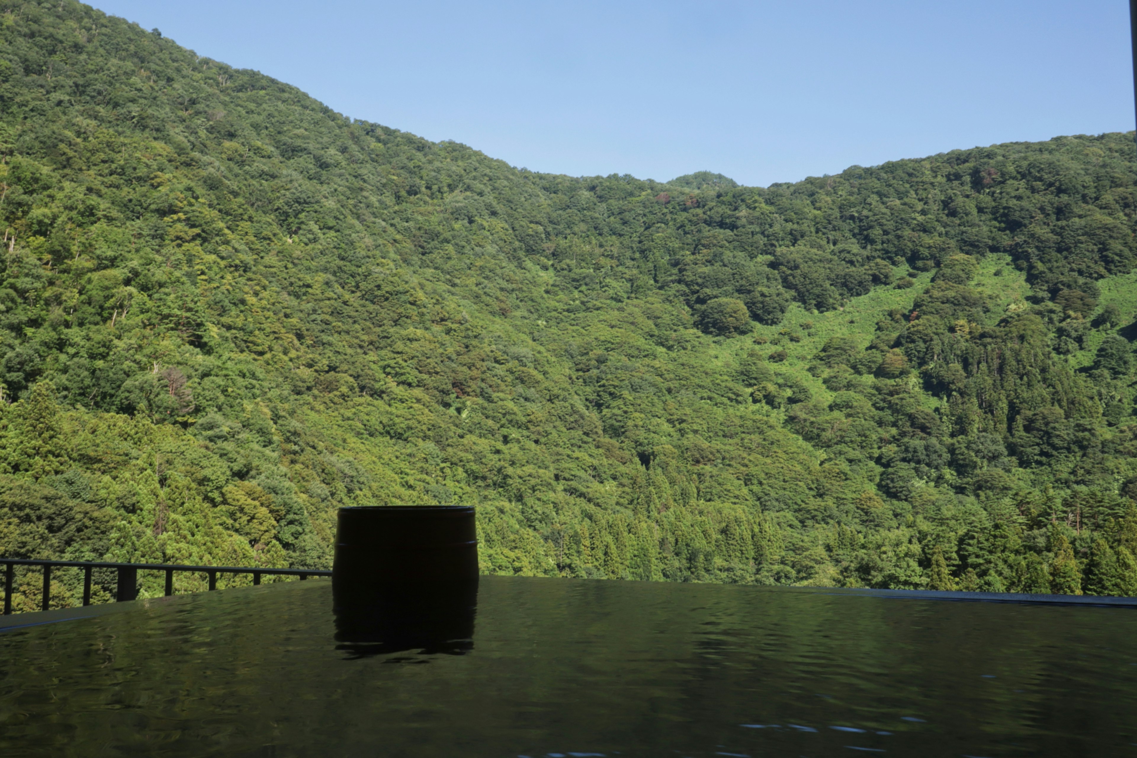 Serene pool view with lush green mountains in the background