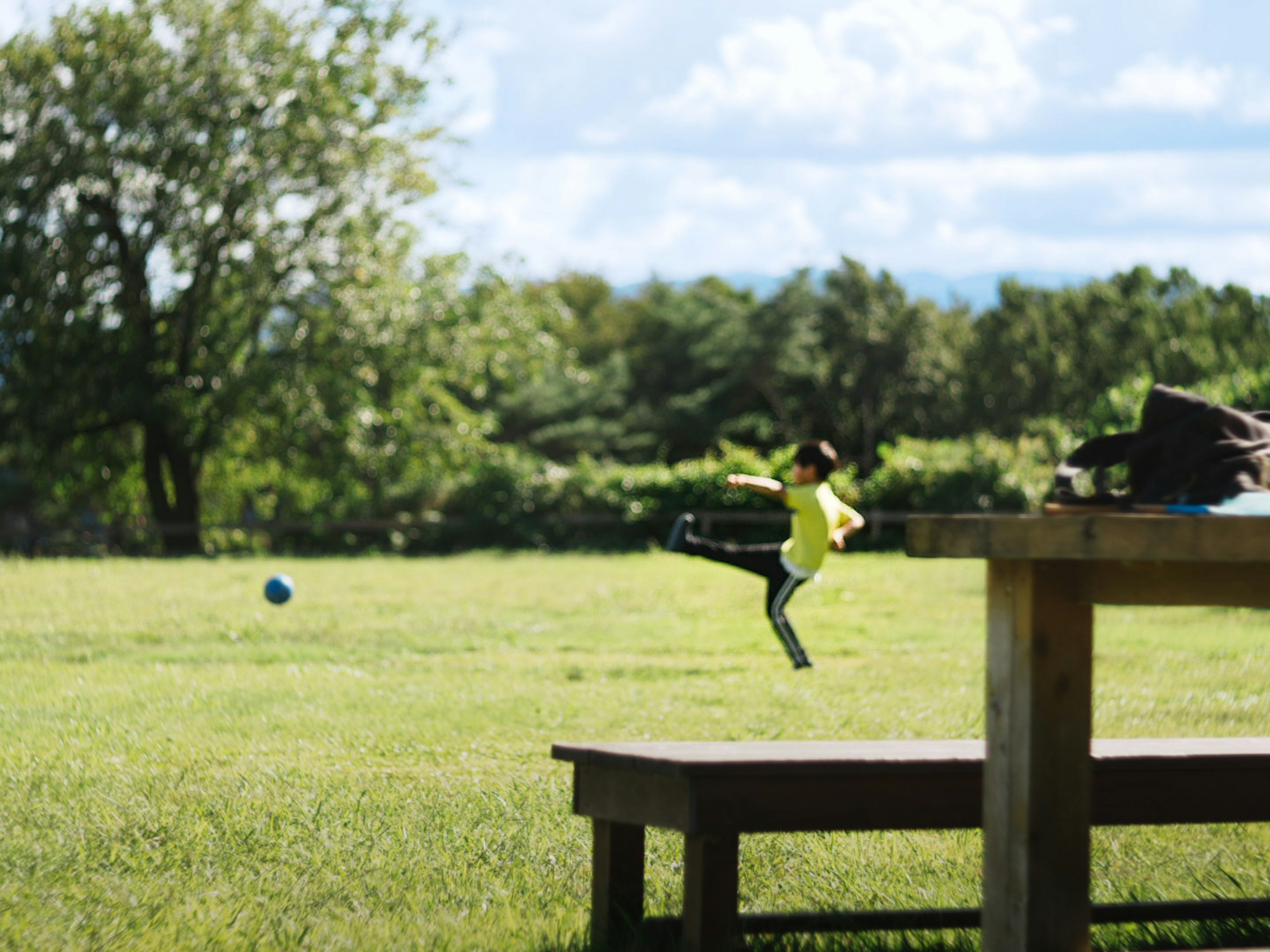 A child kicking a blue ball captured in mid-action on a wide green field with trees in the background