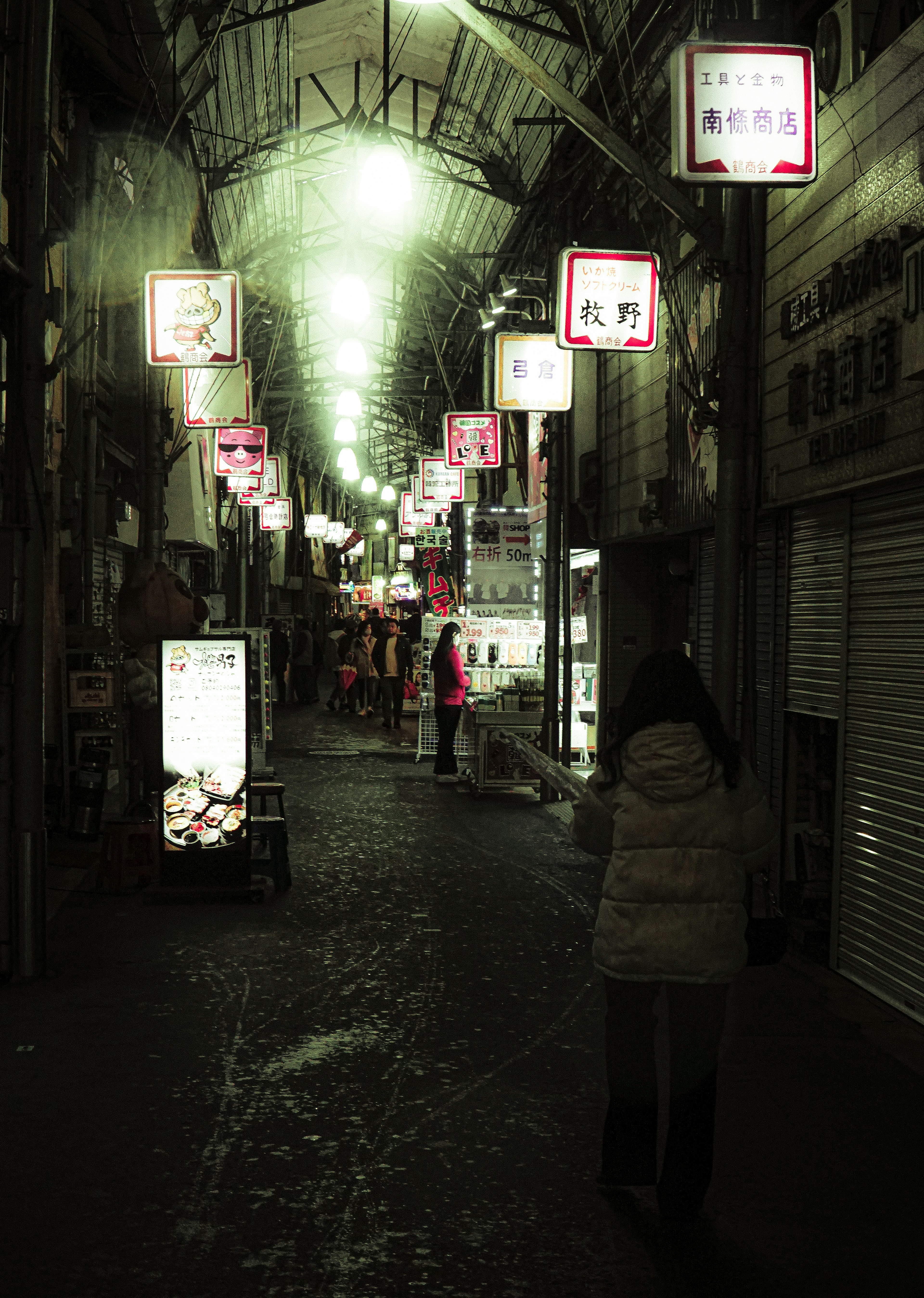 Dimly lit arcade with hanging signs and a person walking