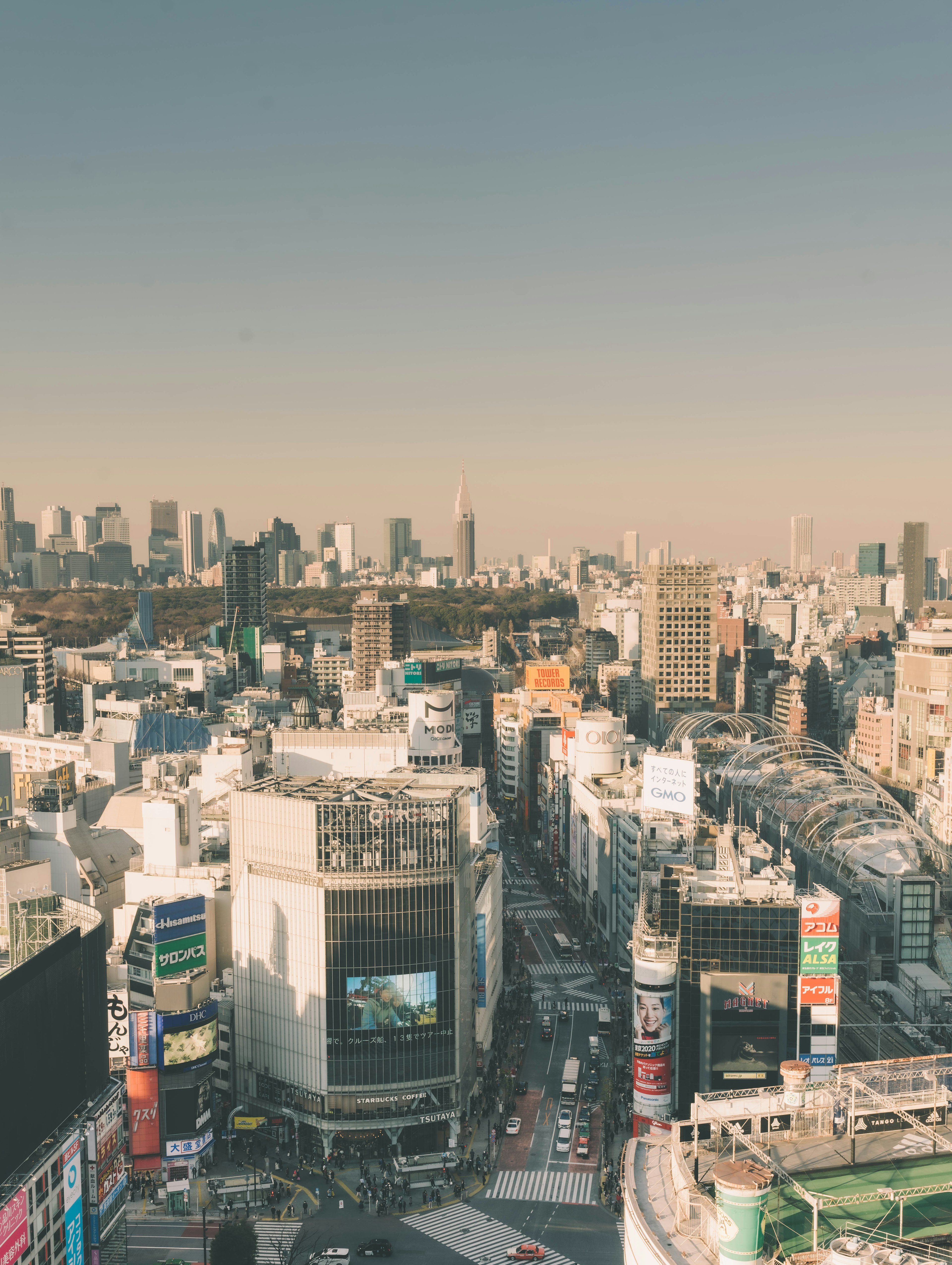 Aerial view of Shibuya cityscape in Tokyo with skyscrapers