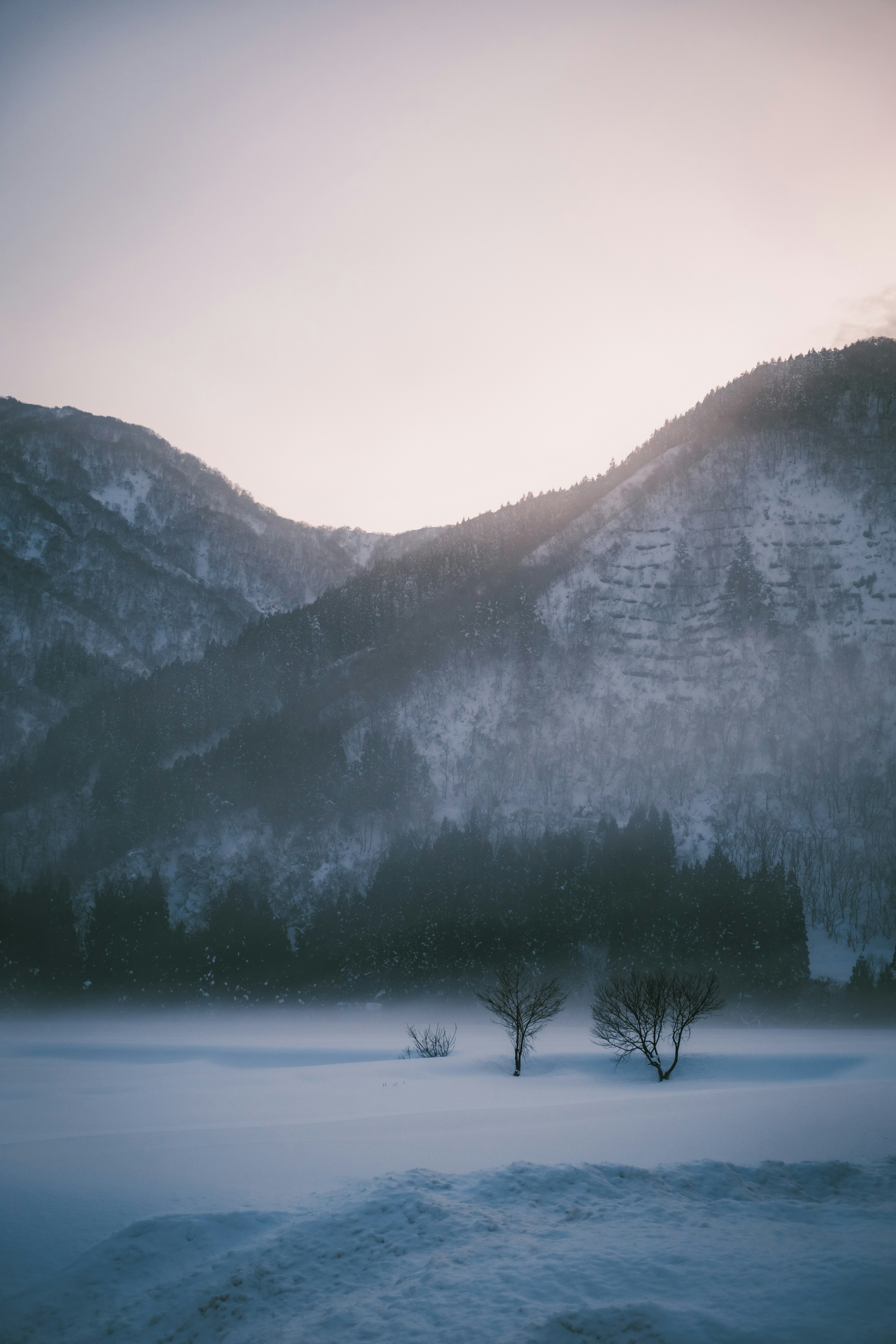 Schneebedeckte Berge und eine ruhige Winterlandschaft