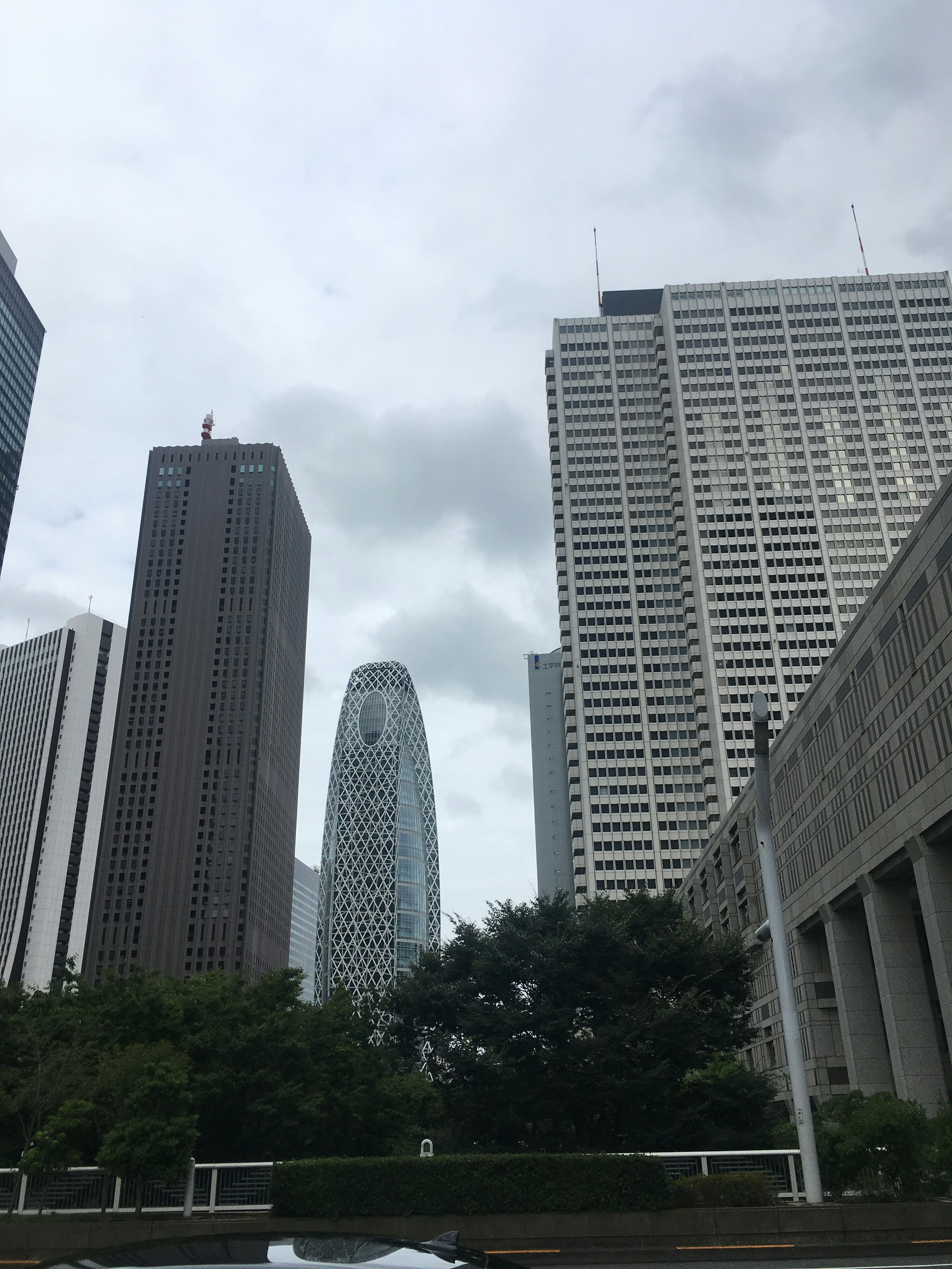 Urban skyline featuring modern skyscrapers and overcast sky