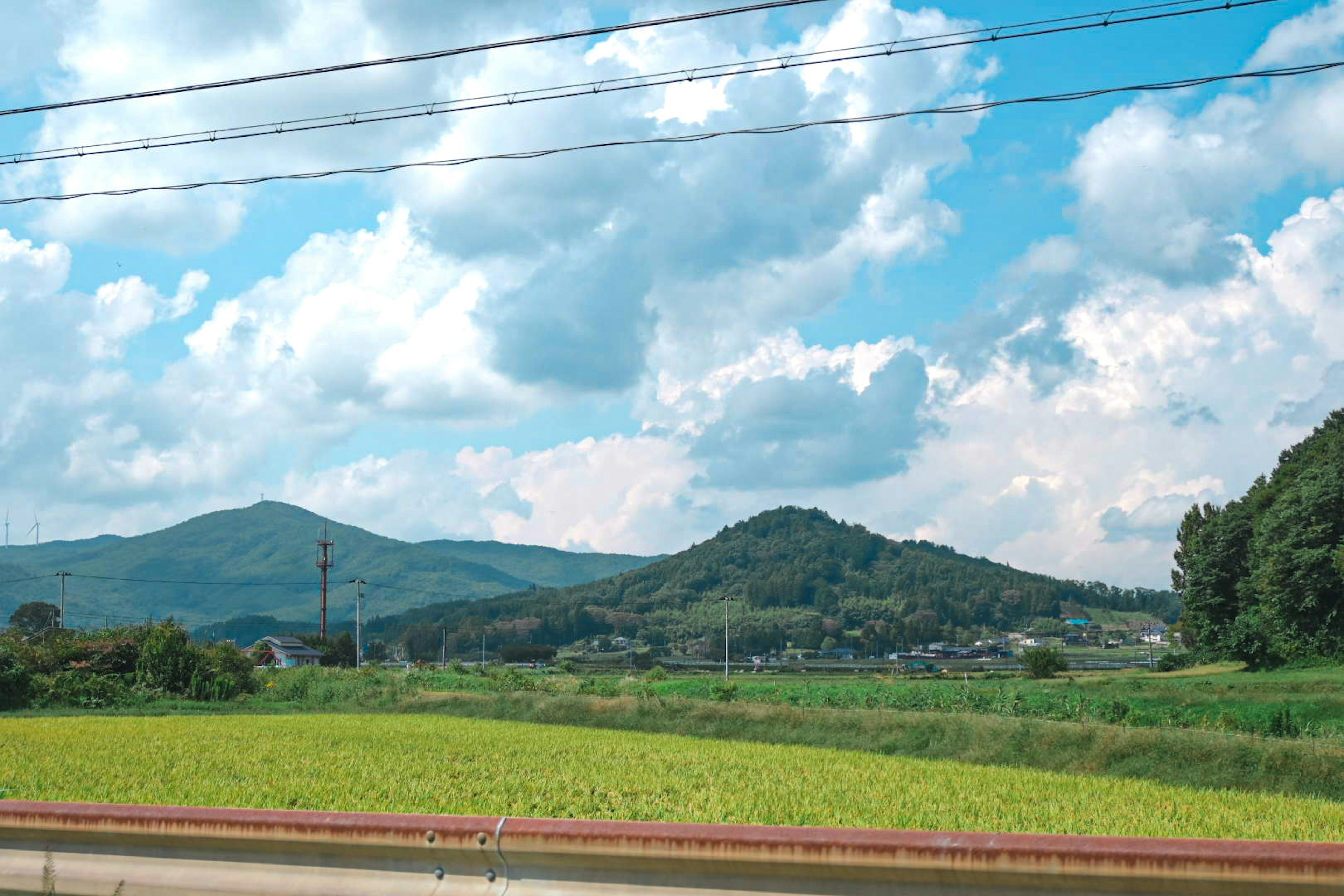 Landschaft mit blauem Himmel und weißen Wolken grüne Reisfelder und Berge im Hintergrund