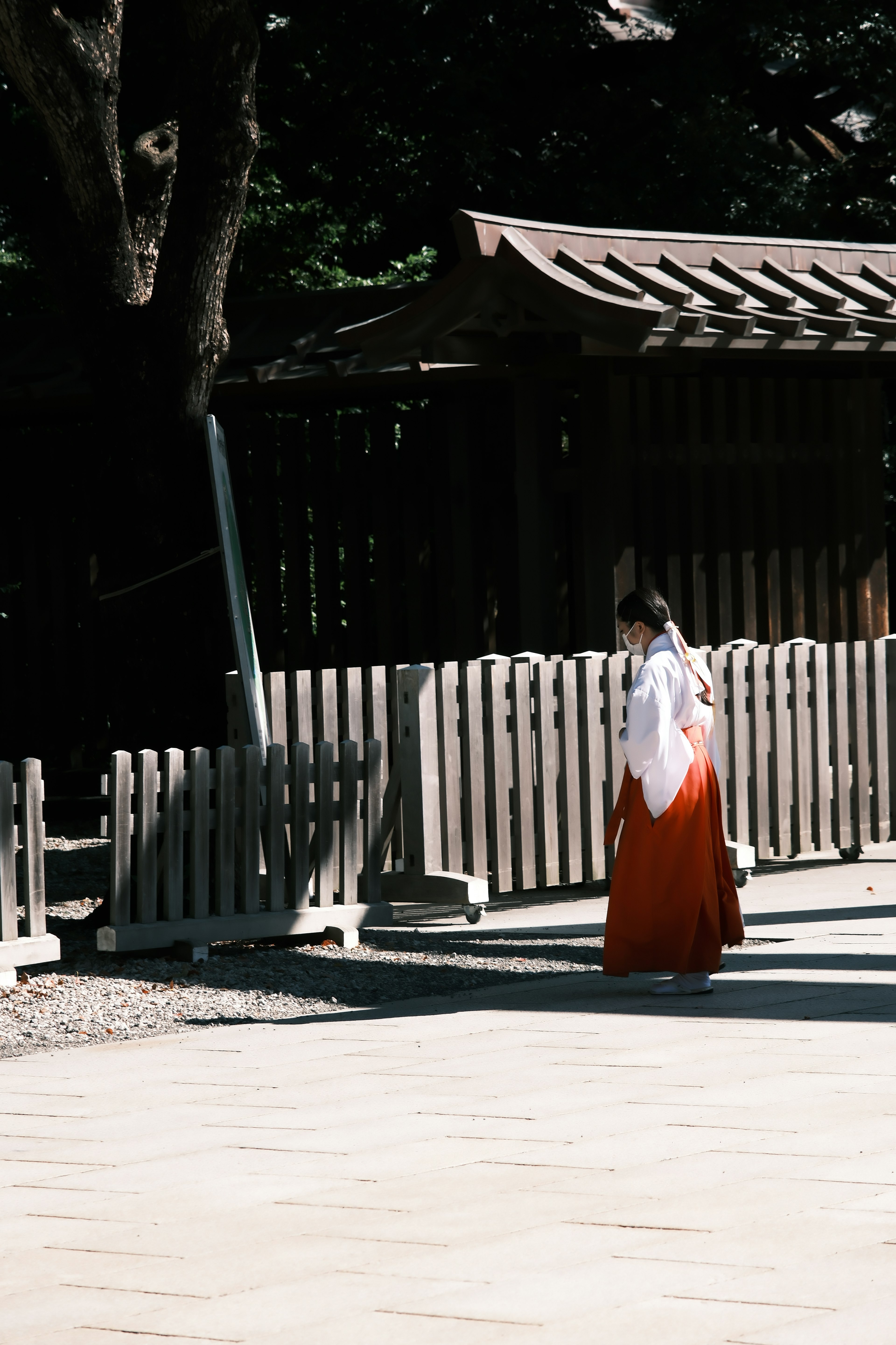 一位穿着传统服装的女性在木栅栏附近走