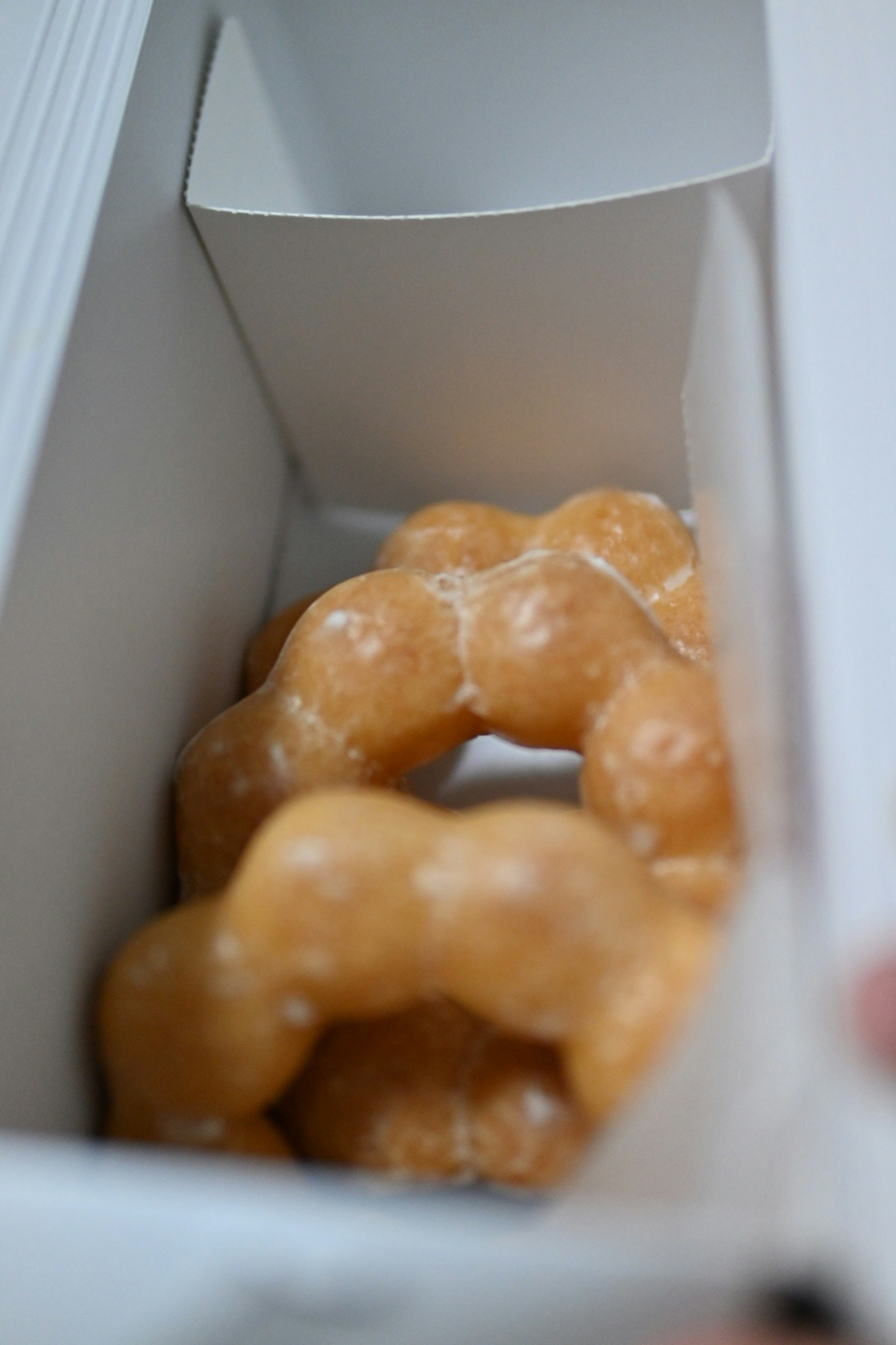 Two glazed donuts inside a white box with a simple design