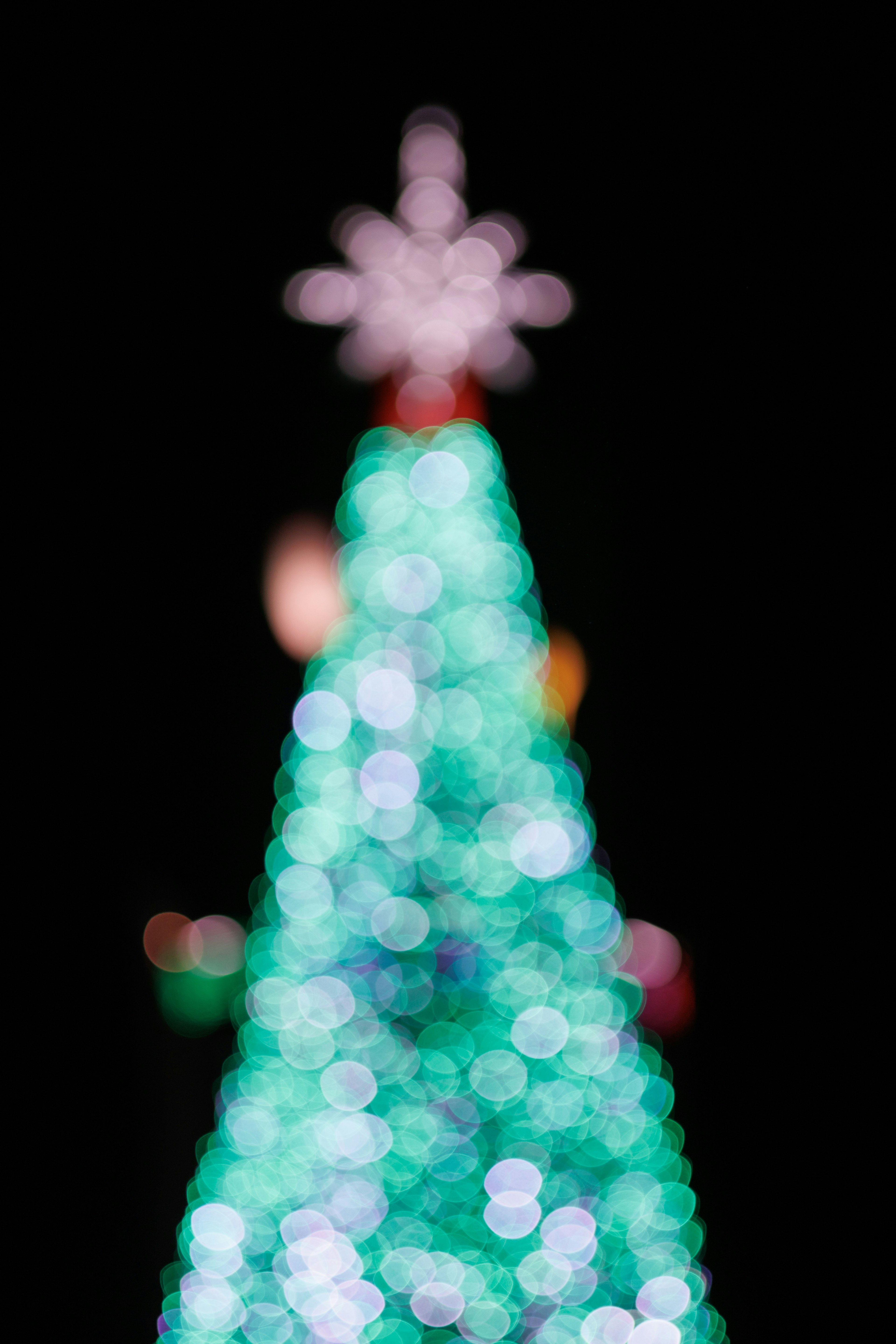 Blurred image of a Christmas tree with green lights shimmering