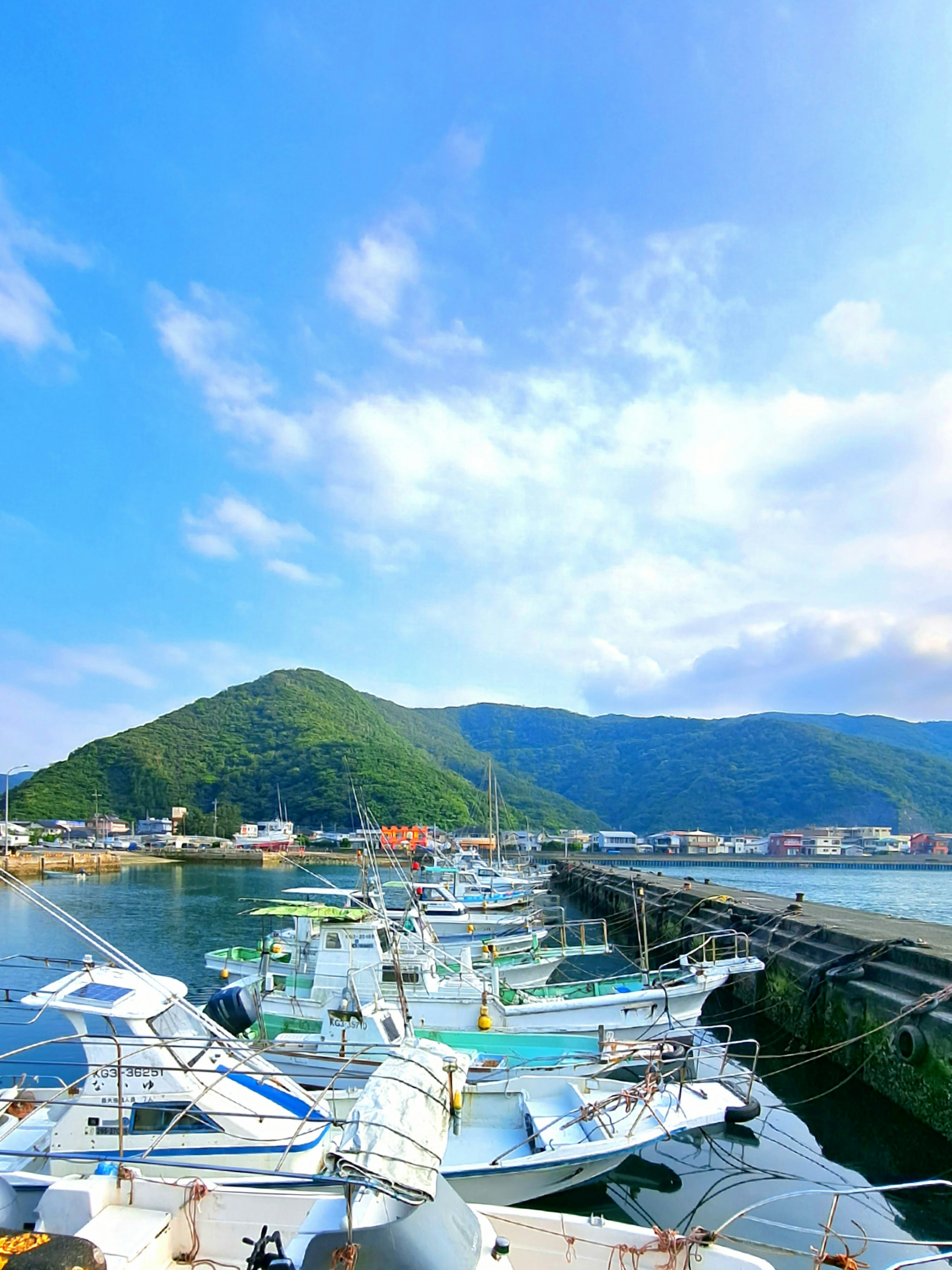 青空の下の港に停泊する漁船と山々の風景