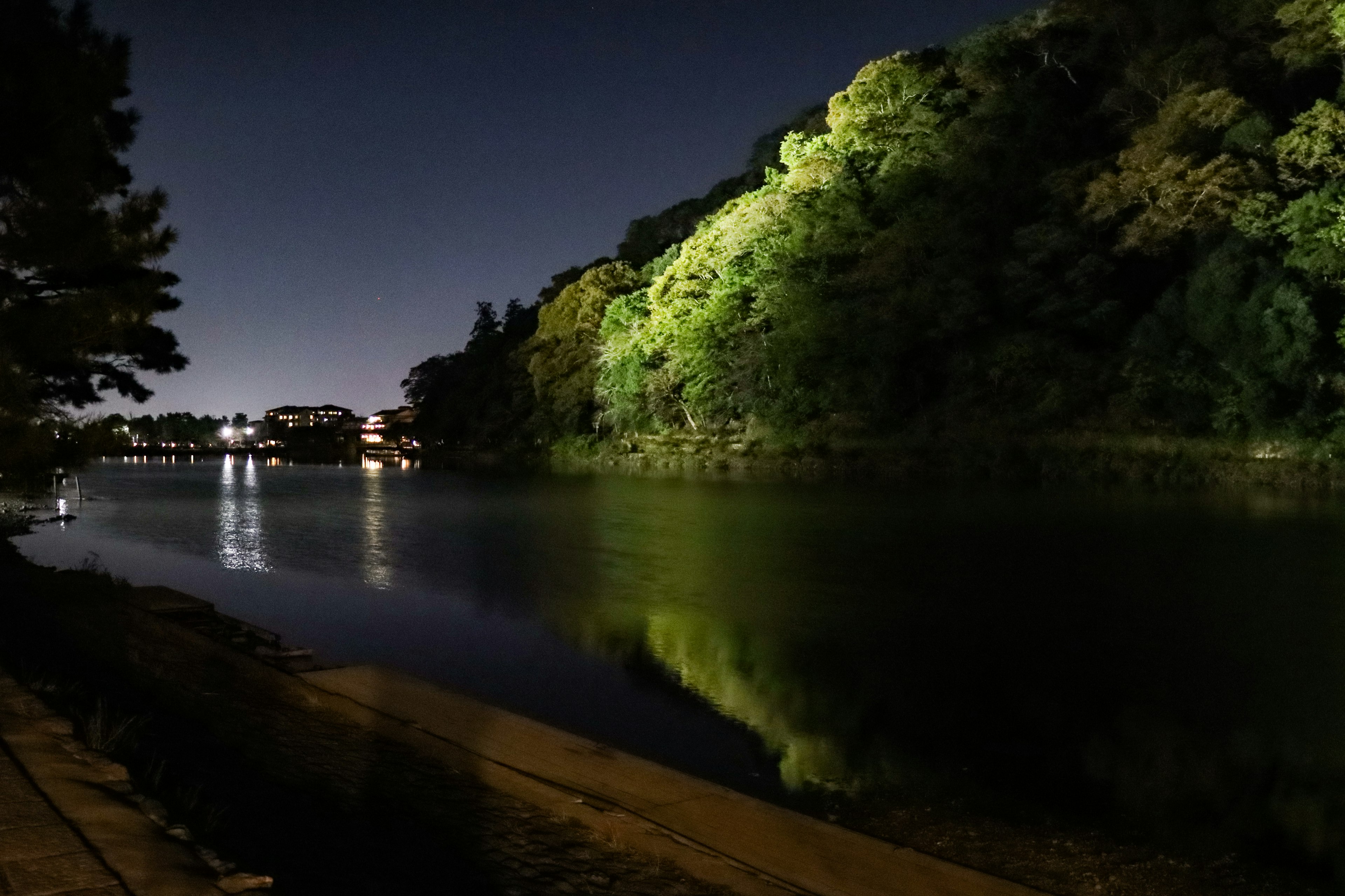 Escena tranquila junto al río por la noche árboles verdes iluminados reflejos en el agua