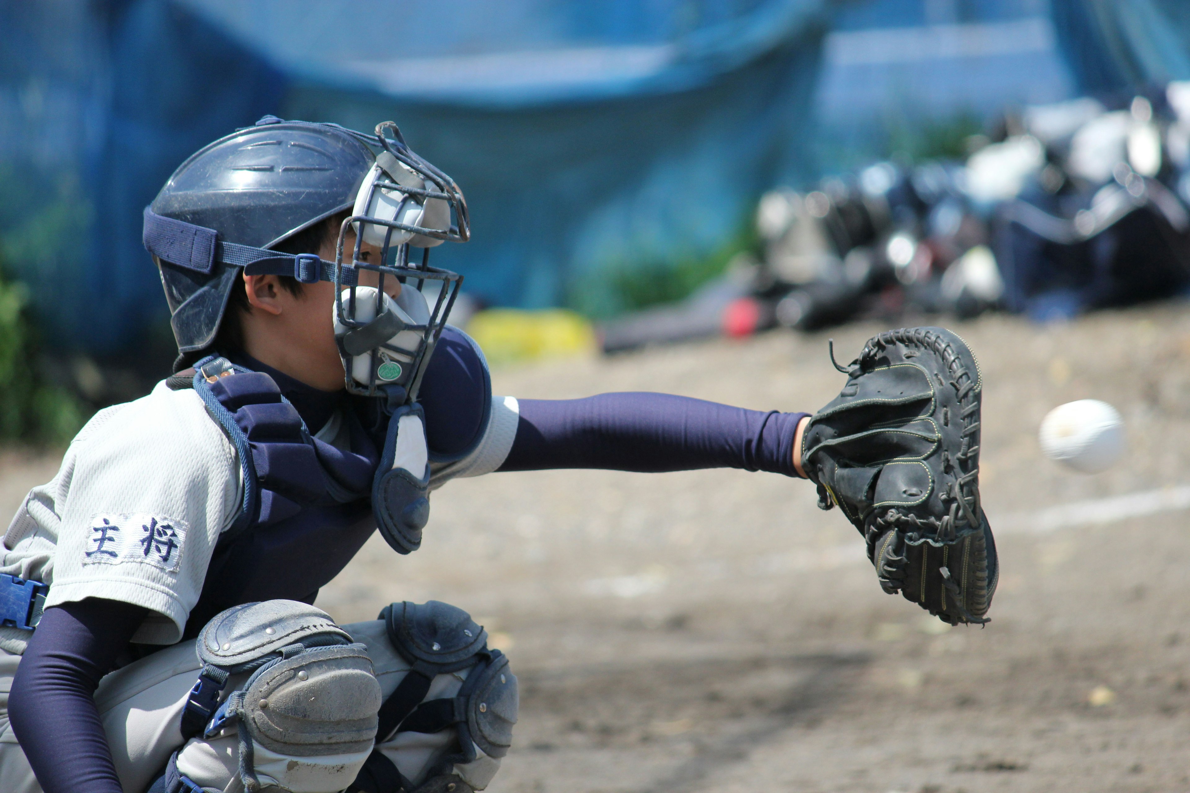 A young baseball catcher preparing to catch a ball