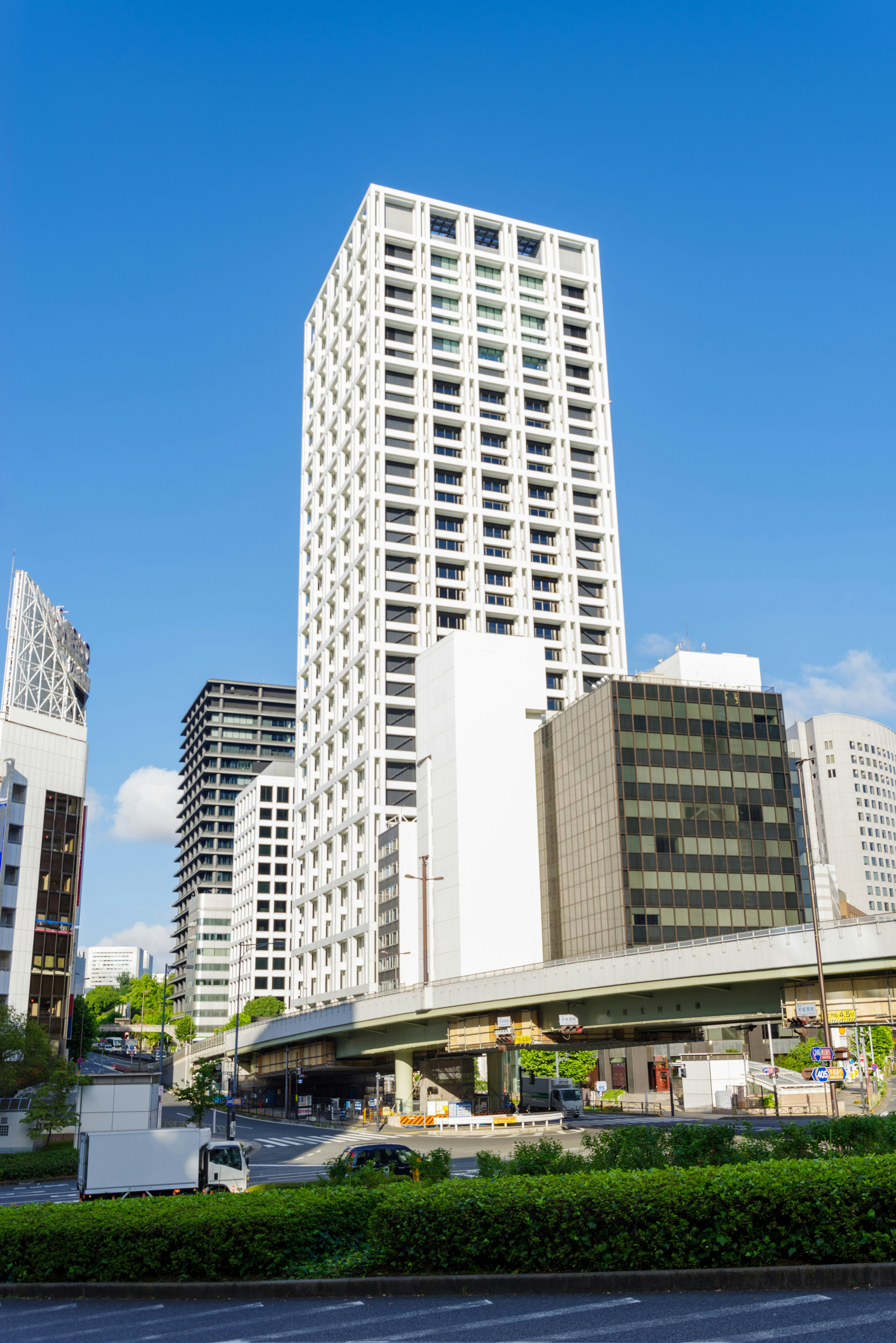 Modern skyscrapers under a clear blue sky