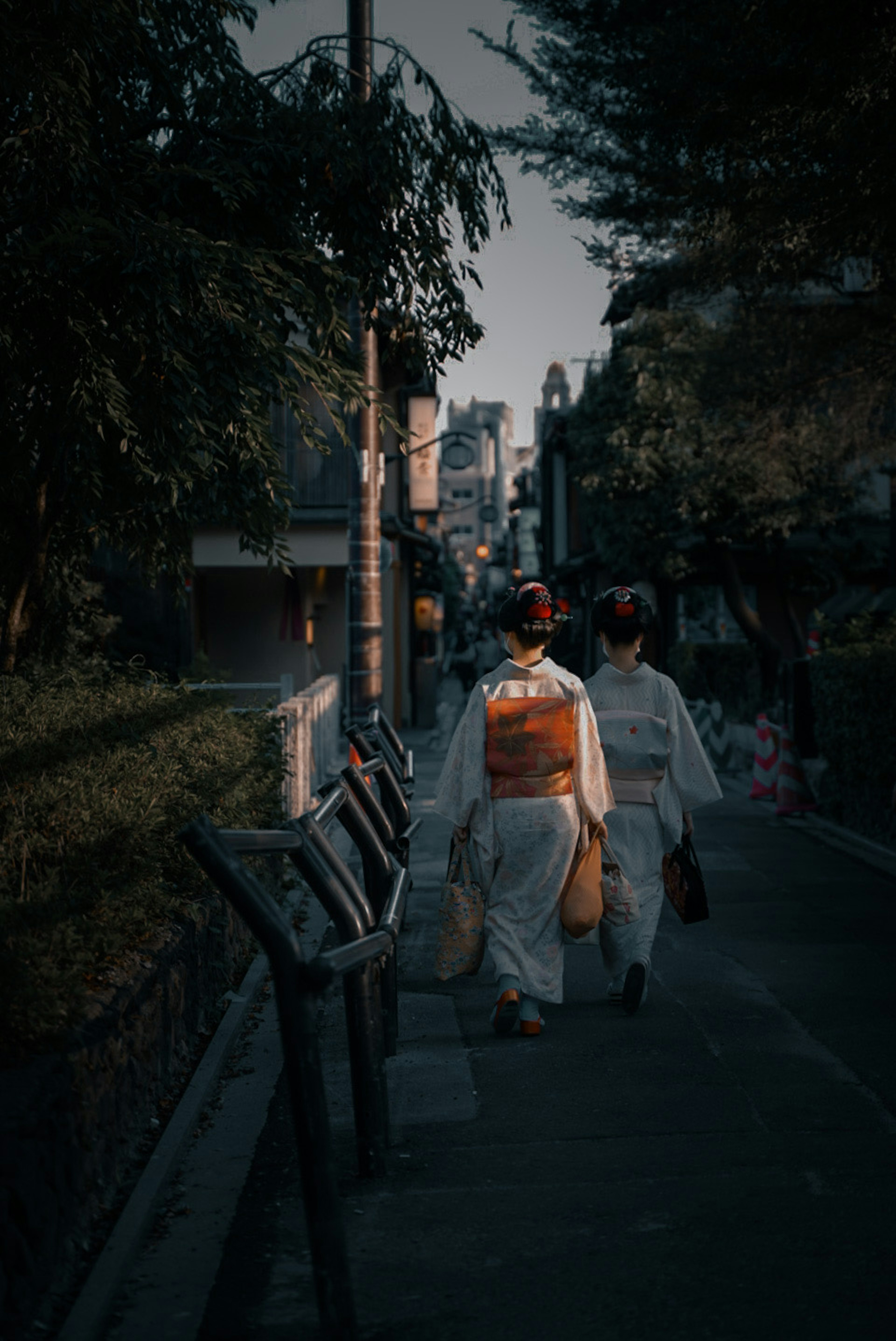 Due donne che camminano in kimono tradizionali lungo una strada