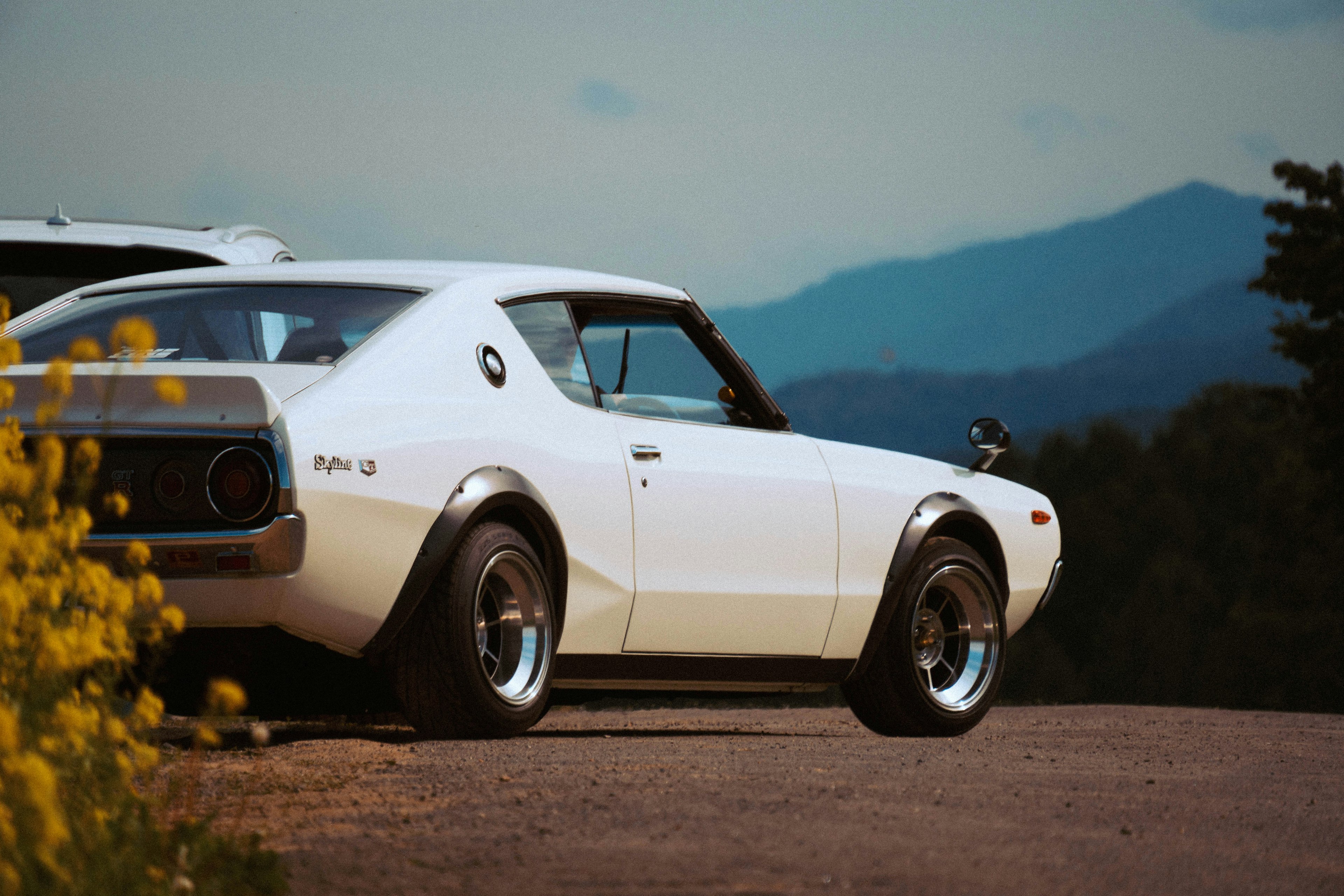 Classic white car parked against a mountain backdrop