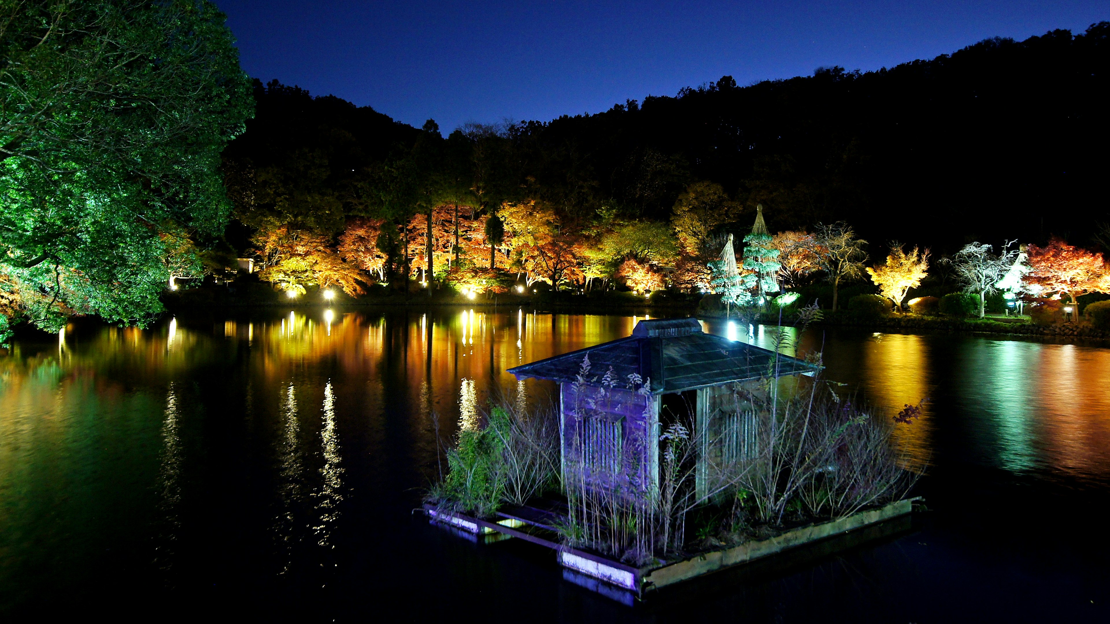 Cabaña flotante en un lago de noche con luces de colores alrededor