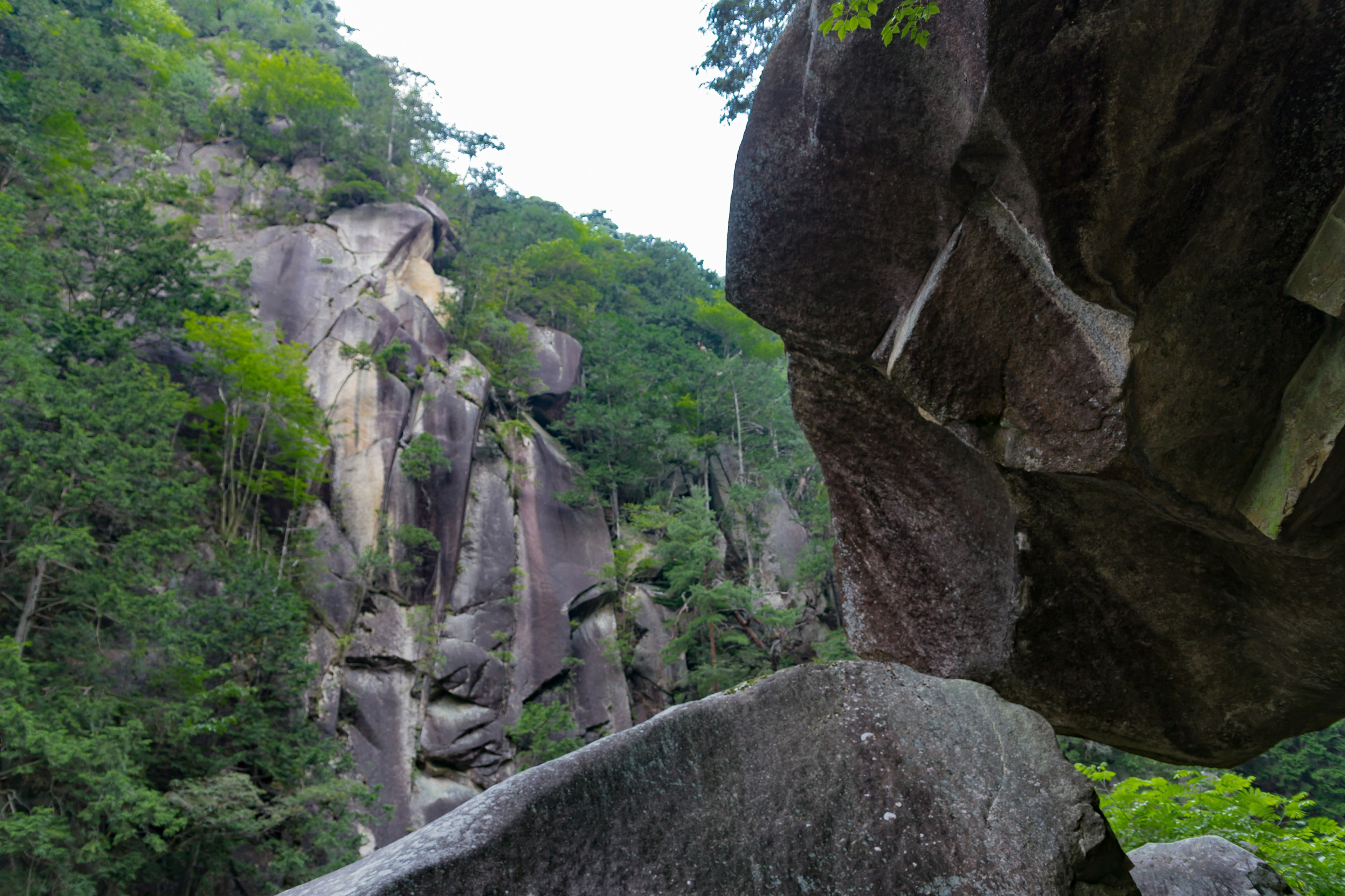 Lush green mountains and large rocky formations