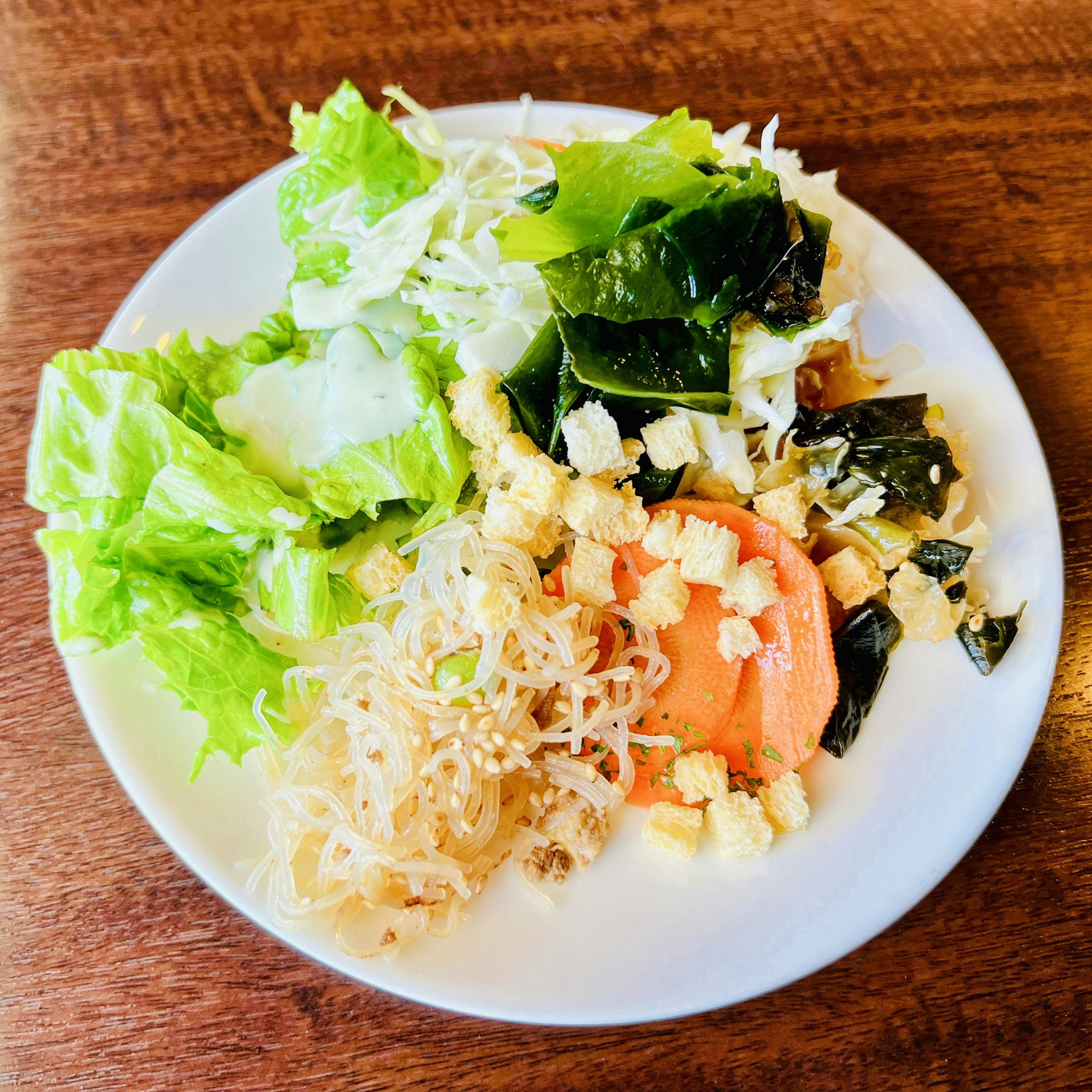 A plate of fresh salad featuring lettuce, cabbage, seaweed, tomato, and croutons