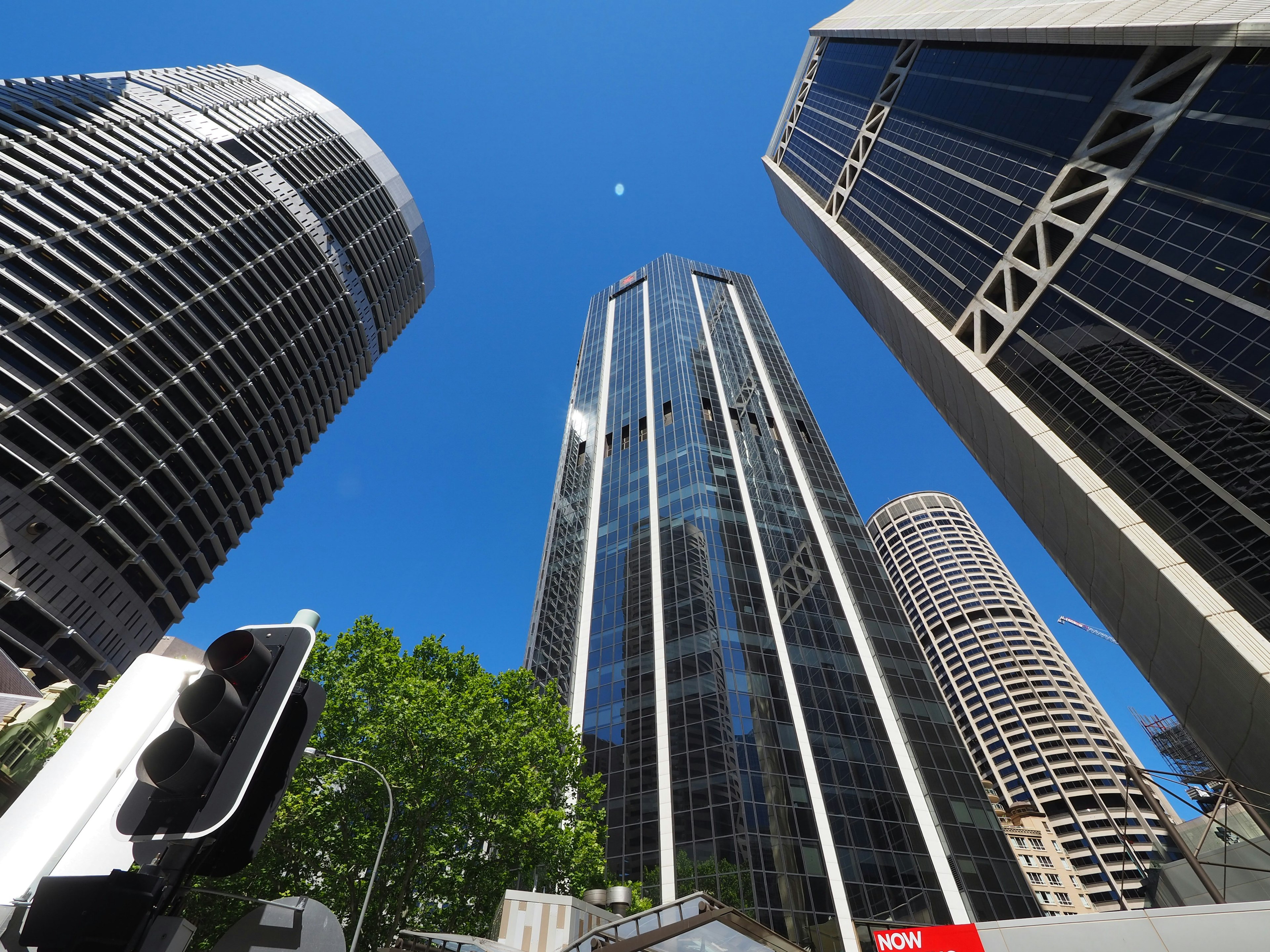 Urban landscape with skyscrapers against a blue sky