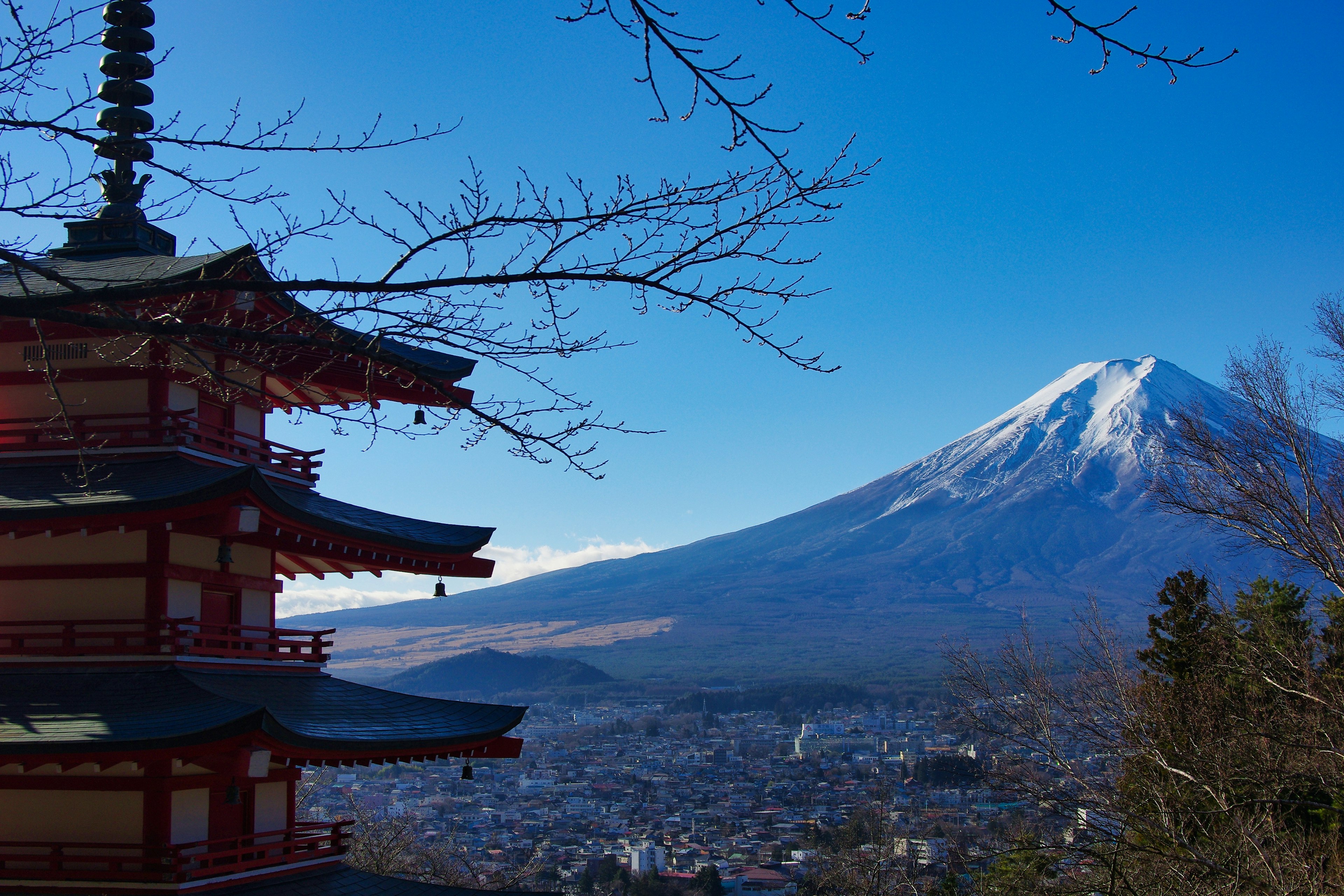 View of Mount Fuji with a red five-story pagoda