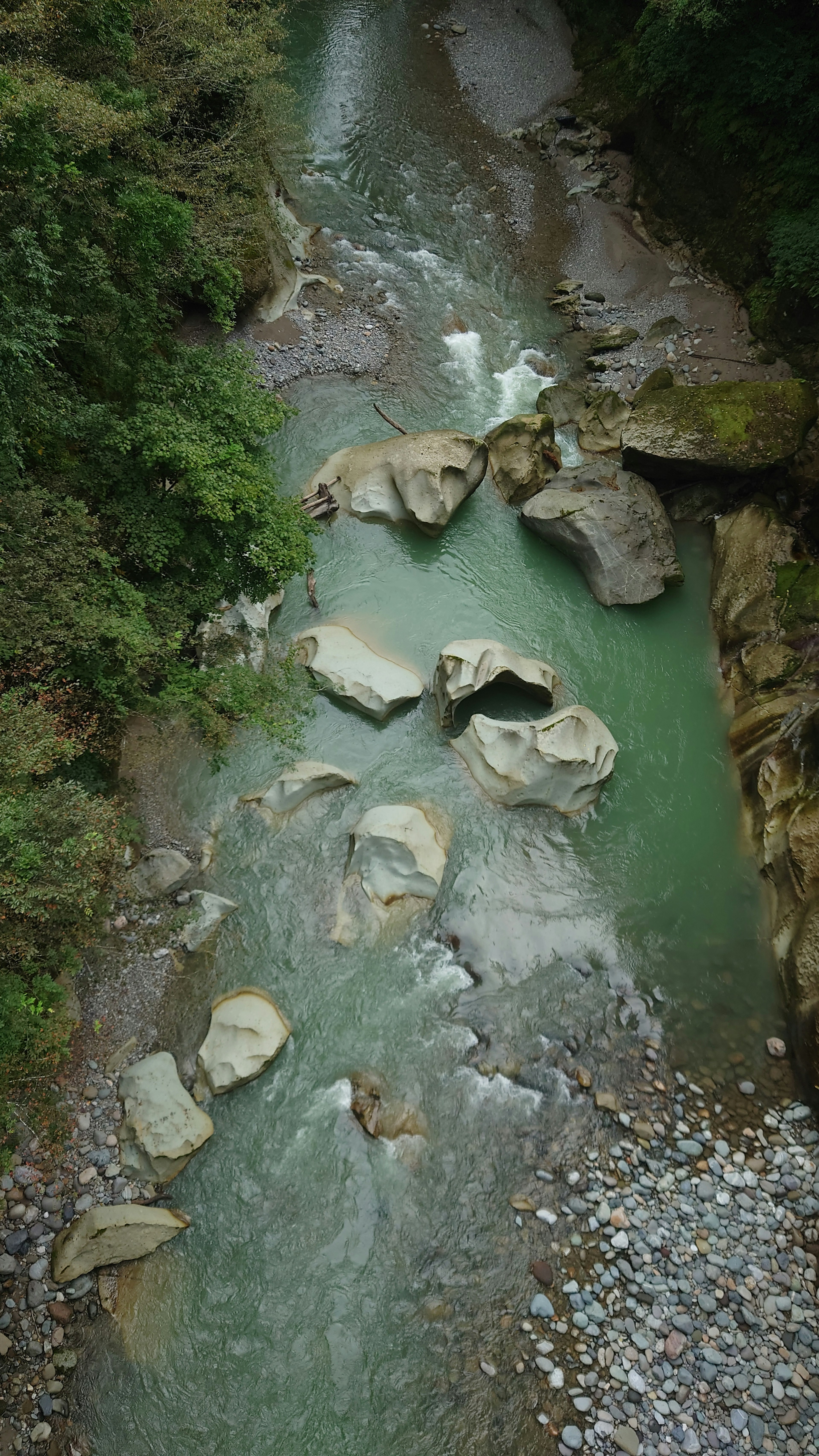 Vista aerea di un fiume con acqua verde grandi rocce sparse circondate da alberi