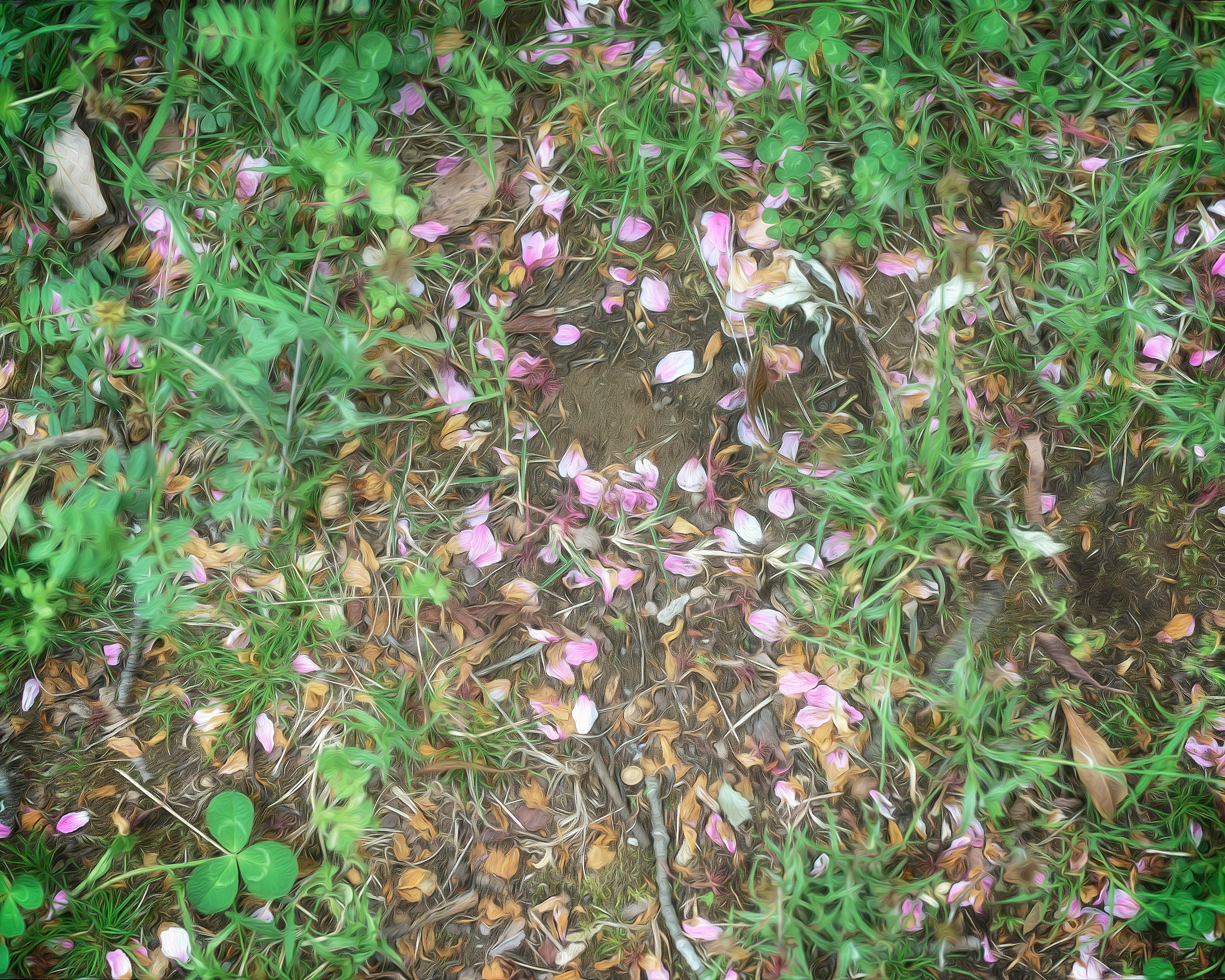 Scattered light pink flower petals on green grass