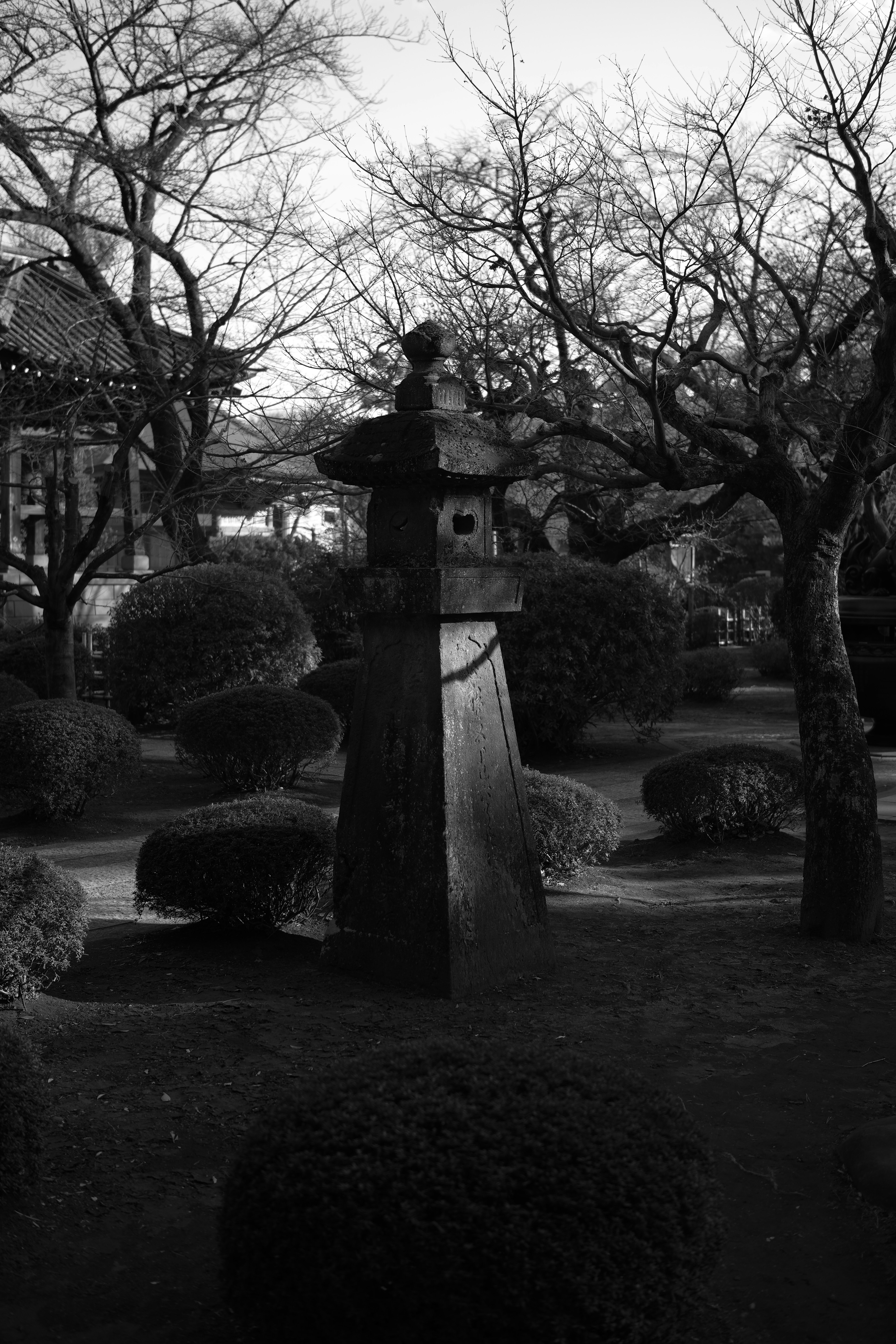 Linterna de piedra en un jardín en blanco y negro con árboles podados