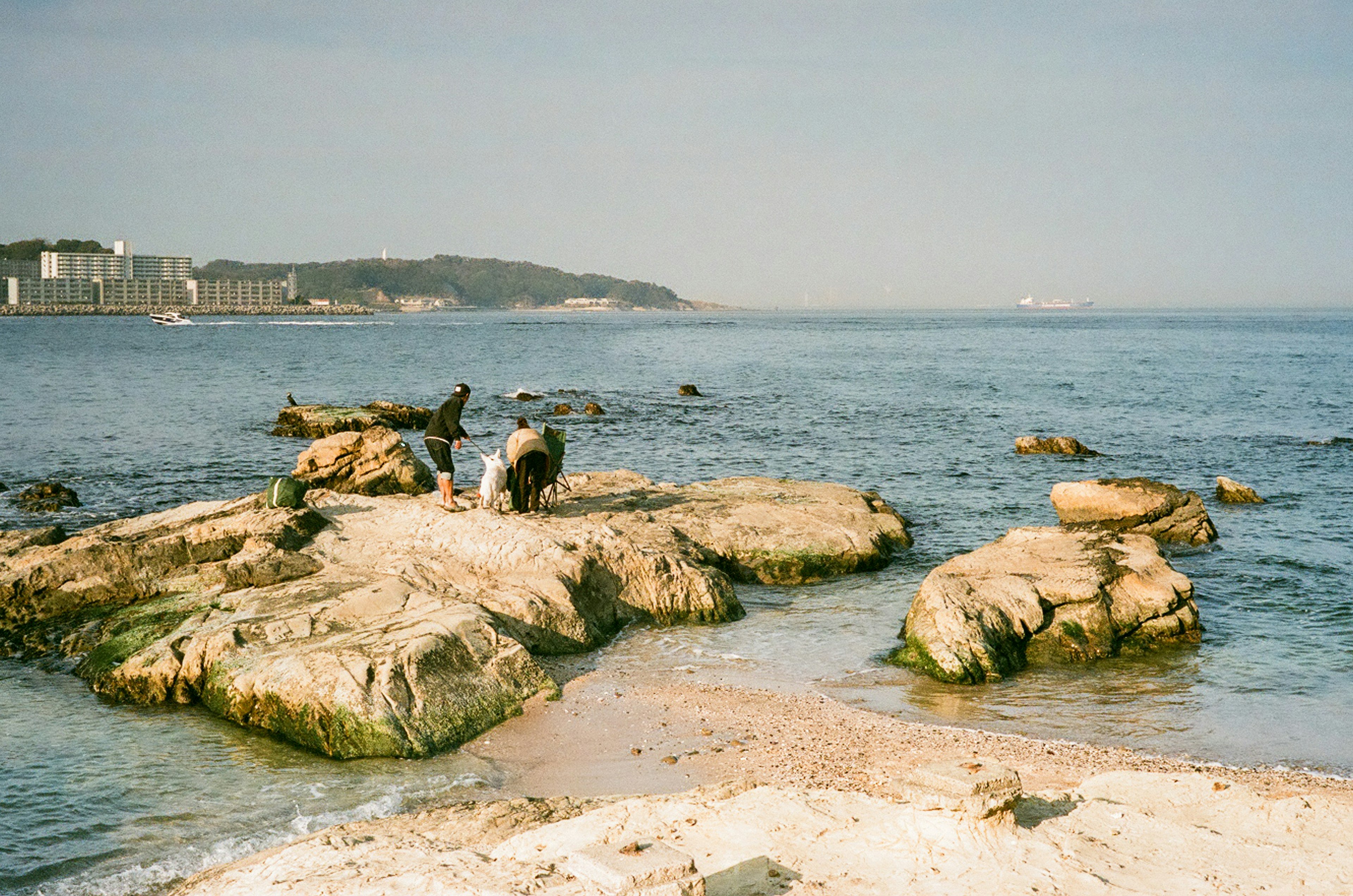 People exploring rocky beach with calm sea in the background