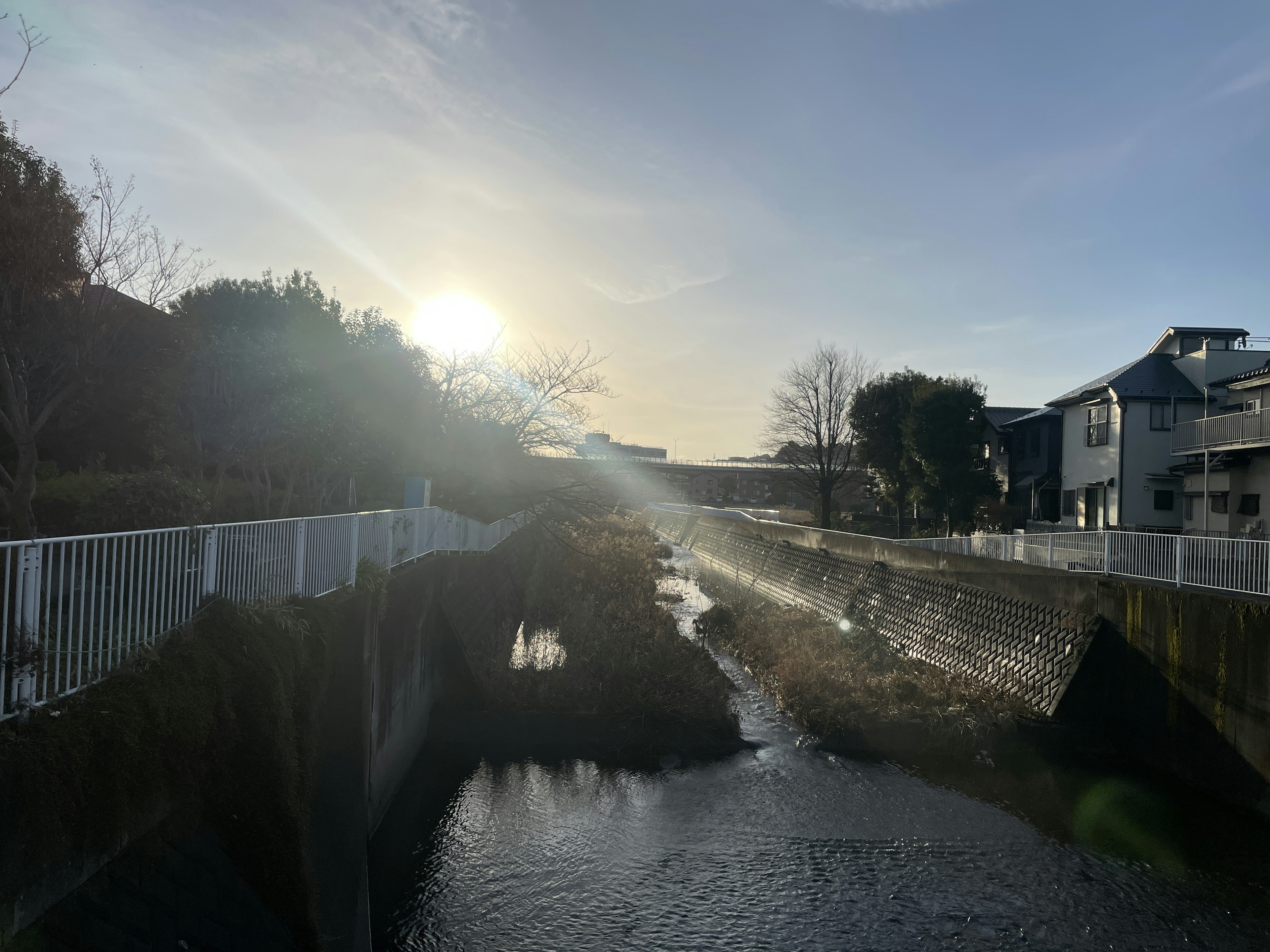 Un paesaggio fluviale tranquillo con un tramonto e case lungo l'acqua