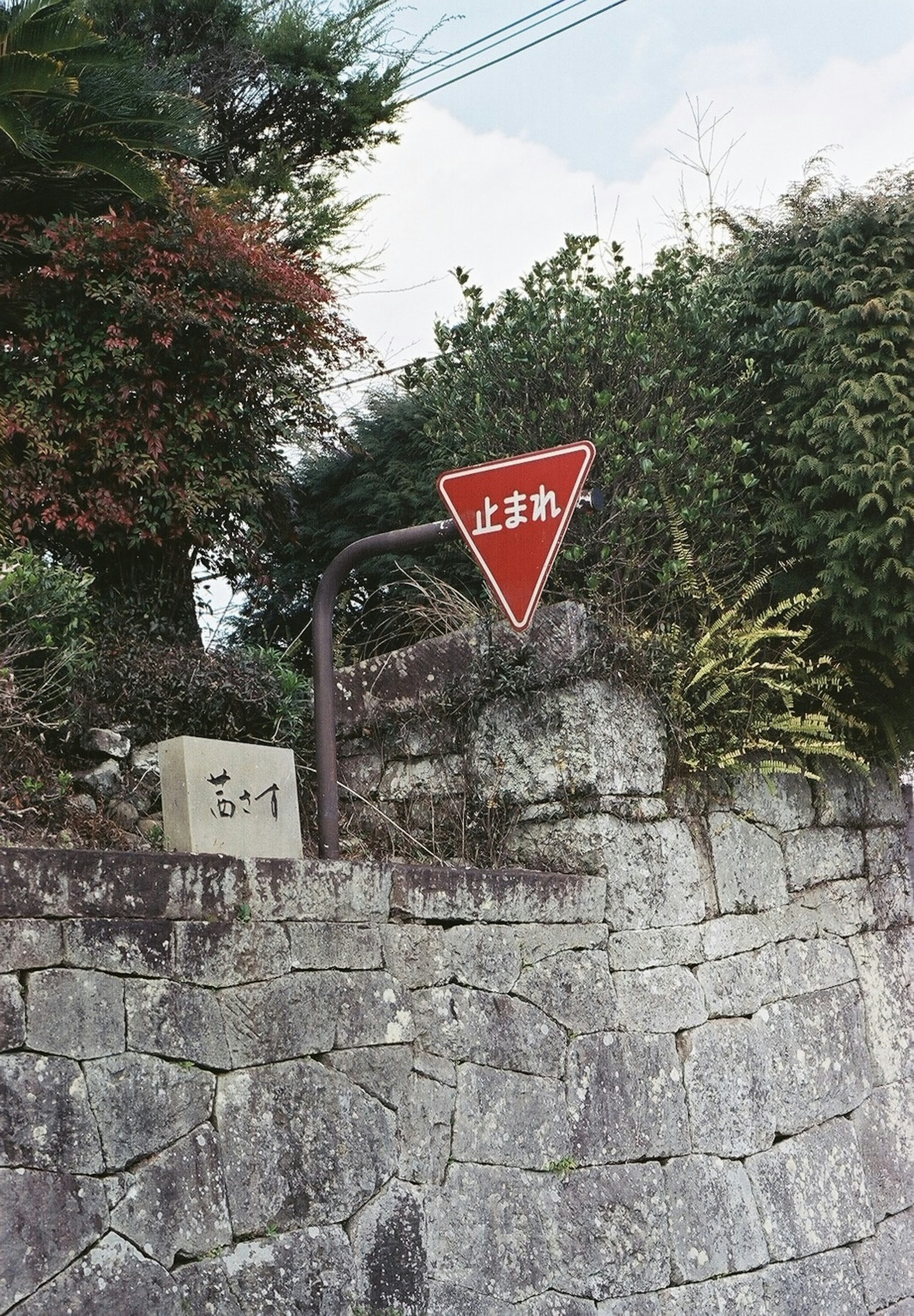 赤い止まれの標識と石の壁がある風景