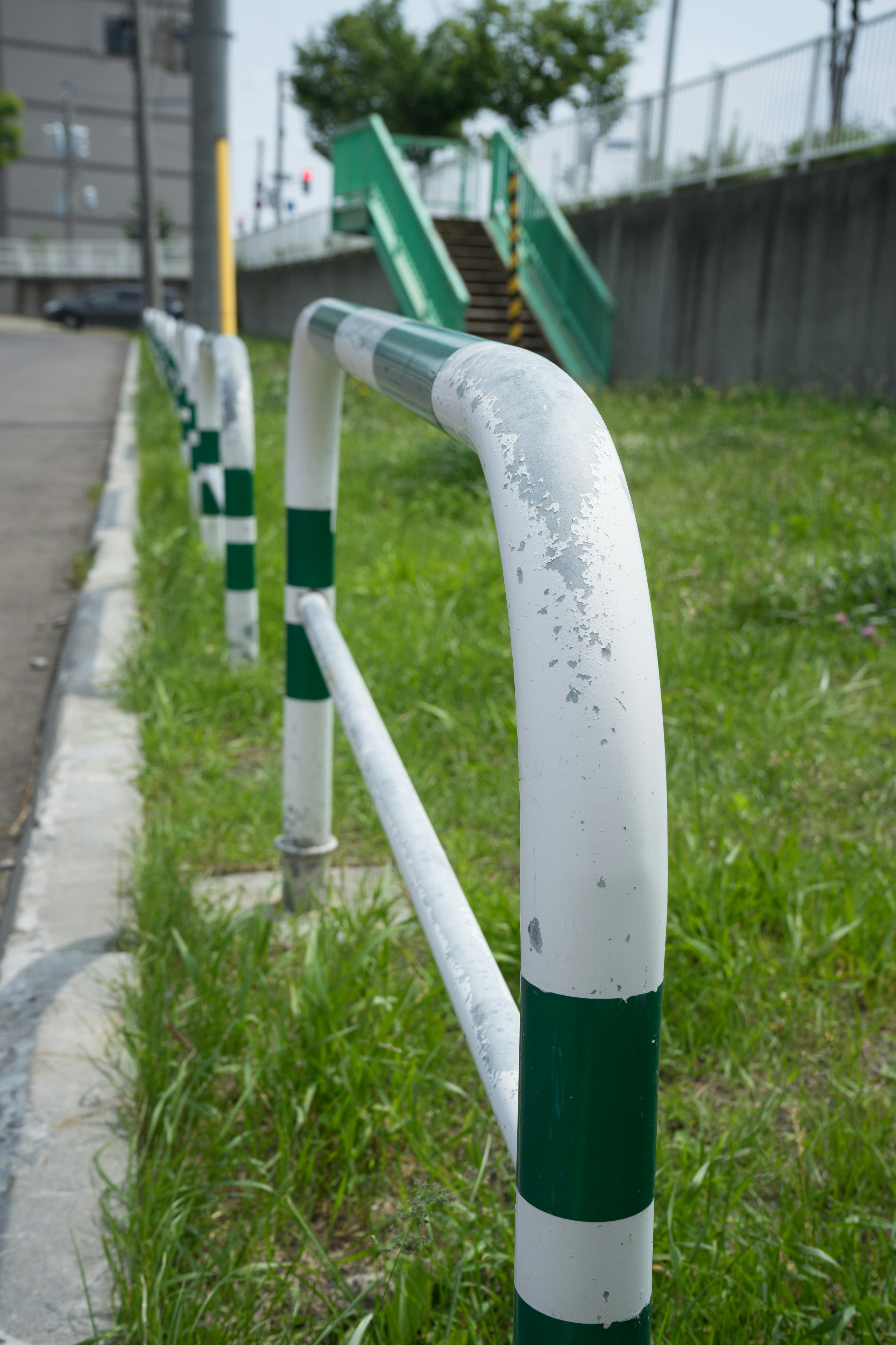 緑と白のストライプの手すりが草地に沿って並び、背景には階段と緑の遊具が見える