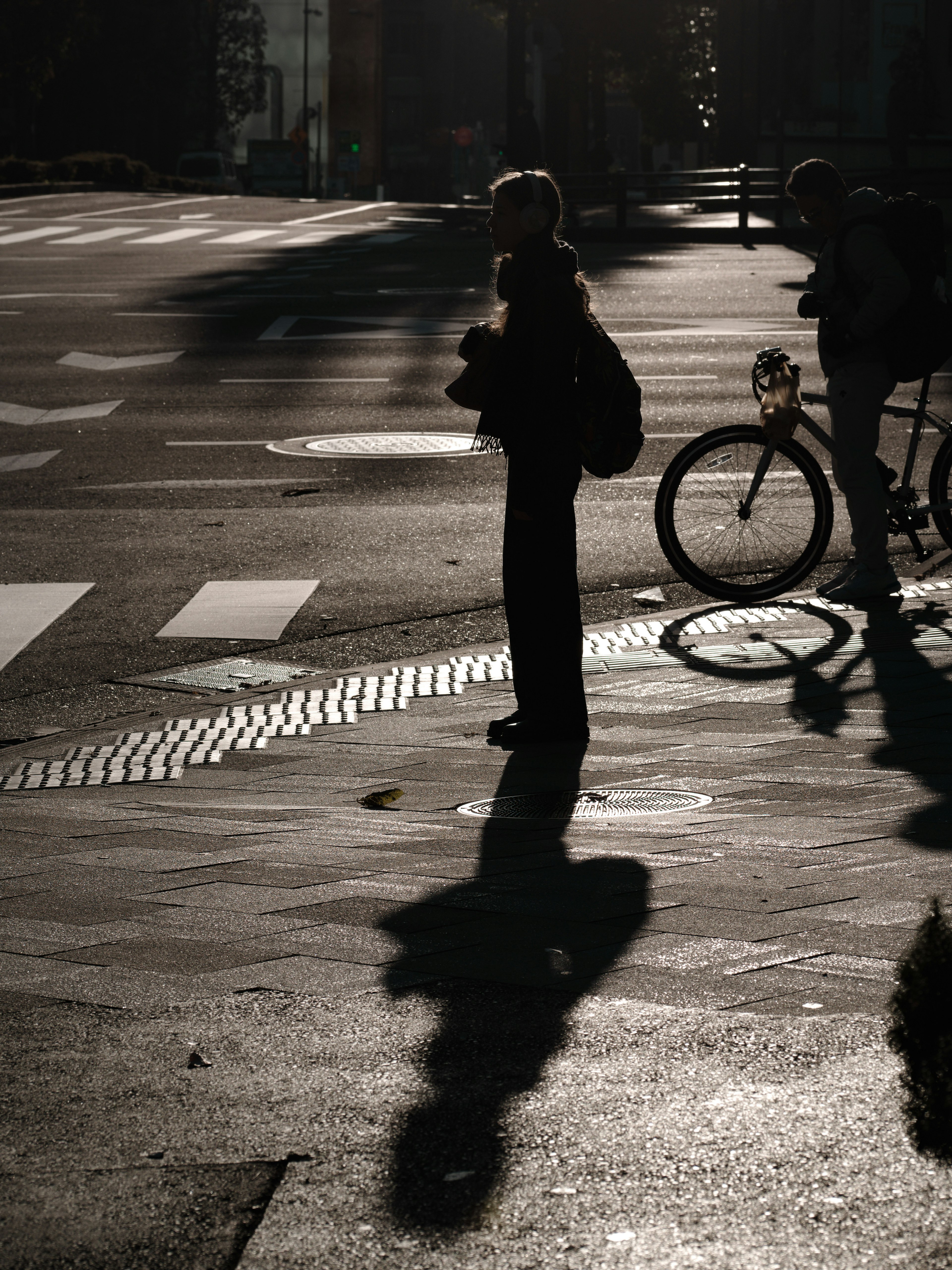 Silhouette of a person and a bicycle in a street scene