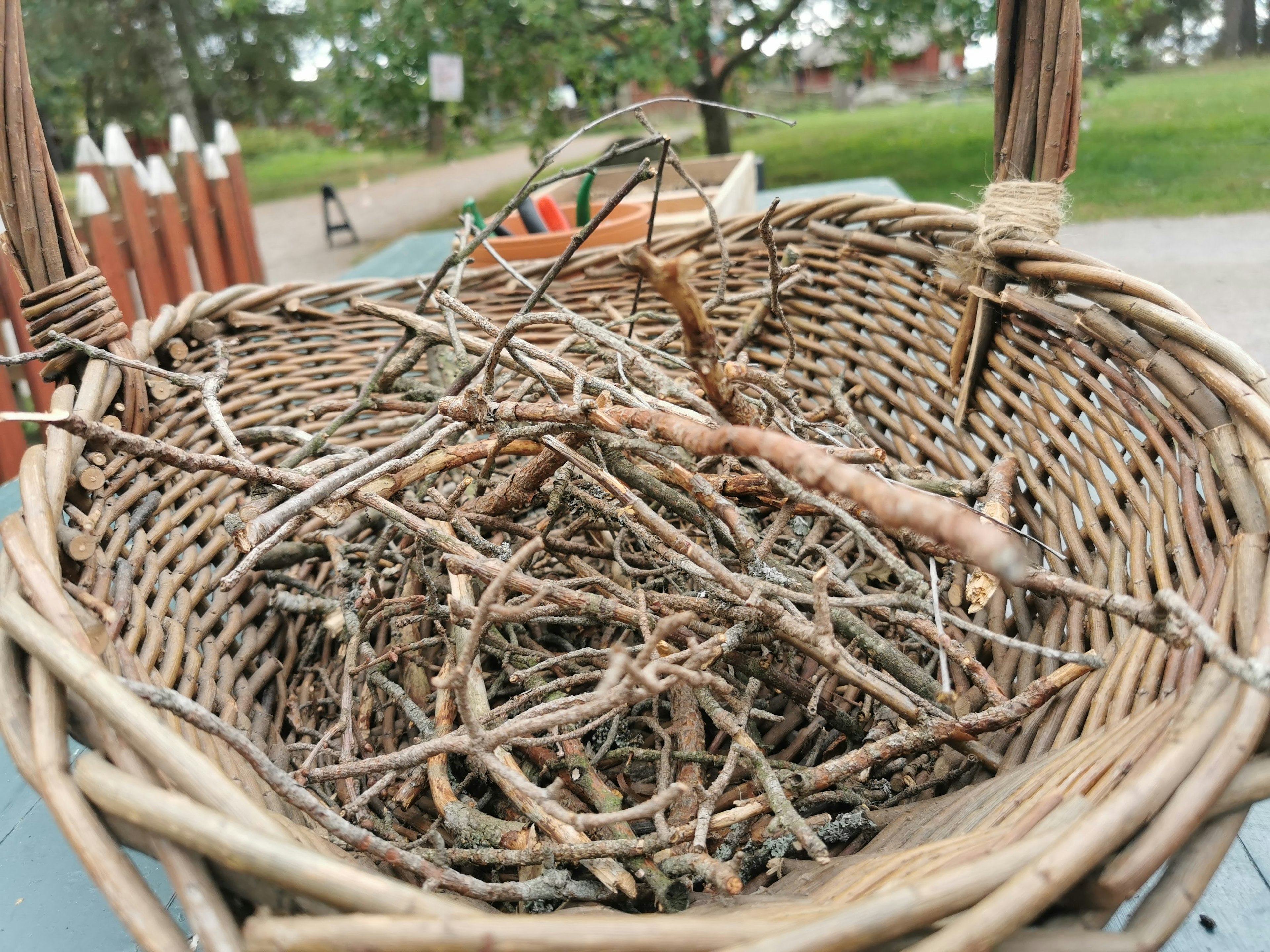 A wicker basket filled with thin twigs placed in a natural outdoor setting