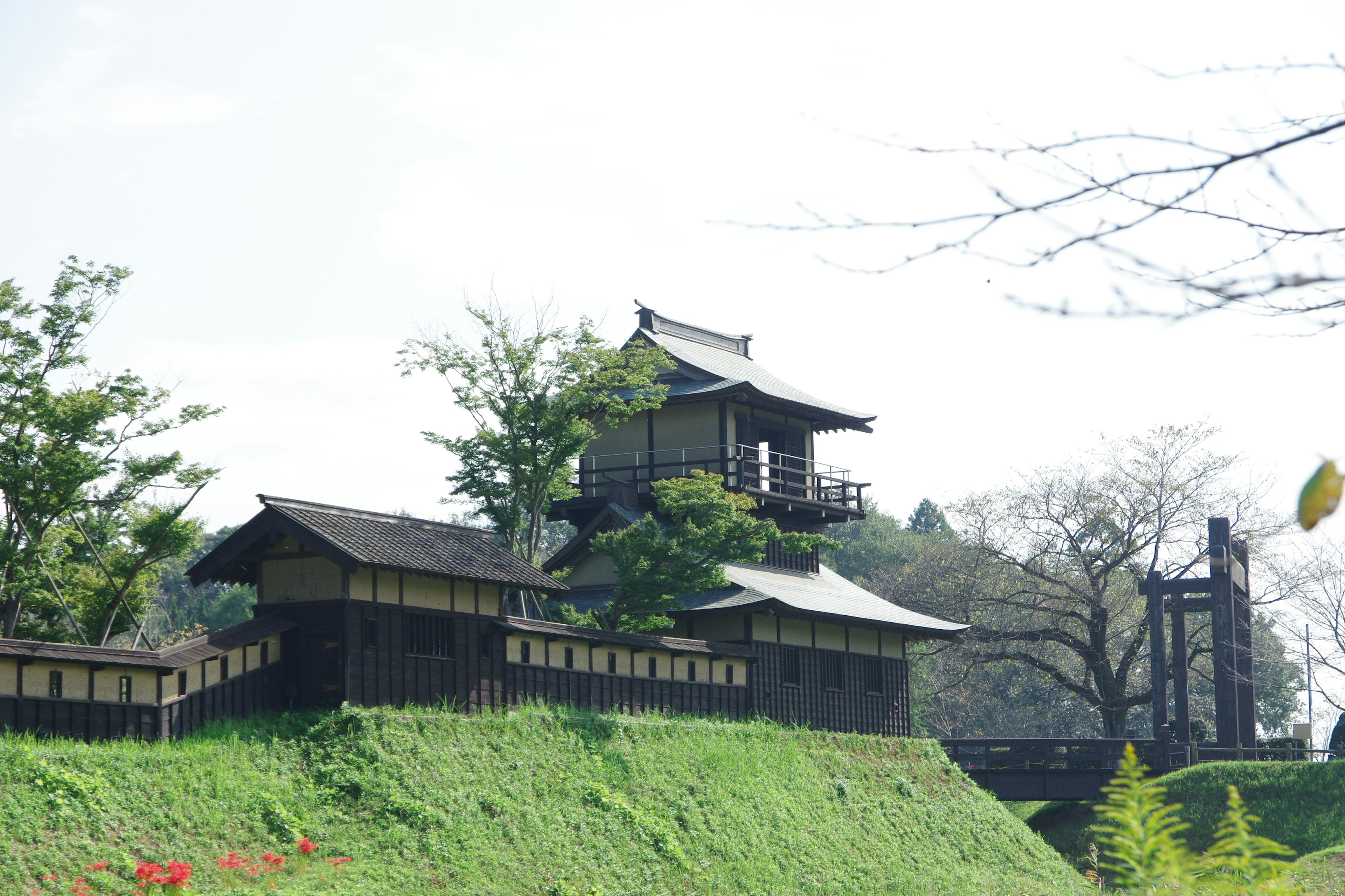 Struktur kastil Jepang tradisional di atas bukit hijau