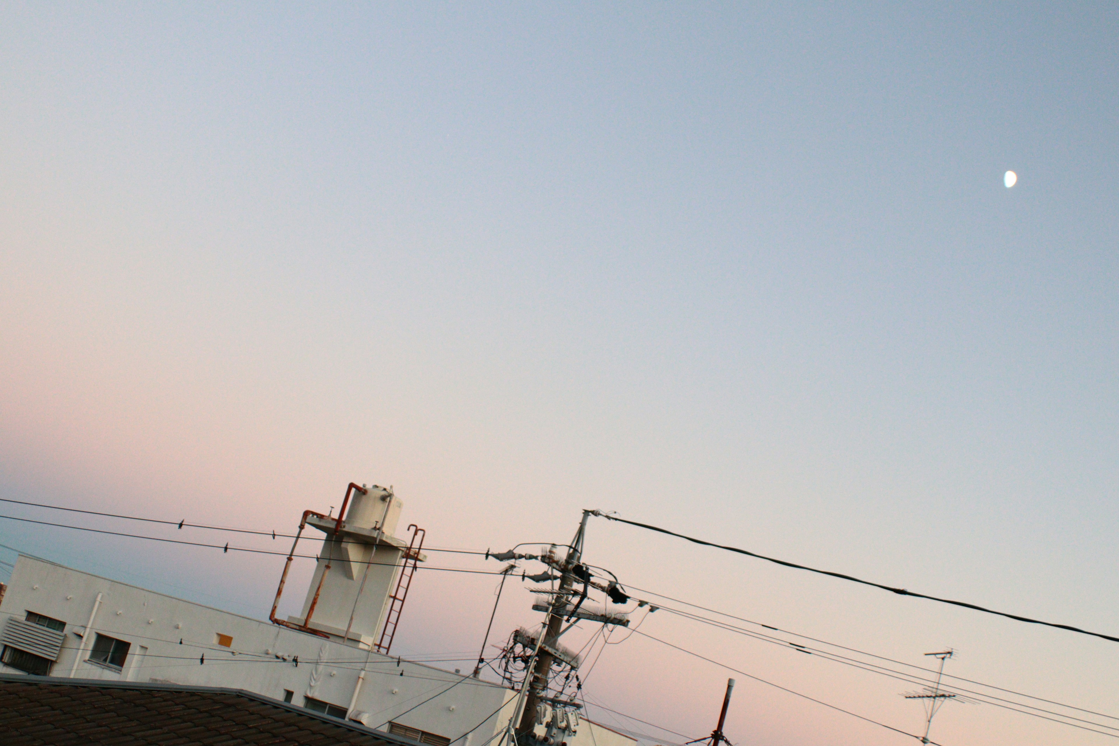 Sky at dusk with a visible moon and power lines