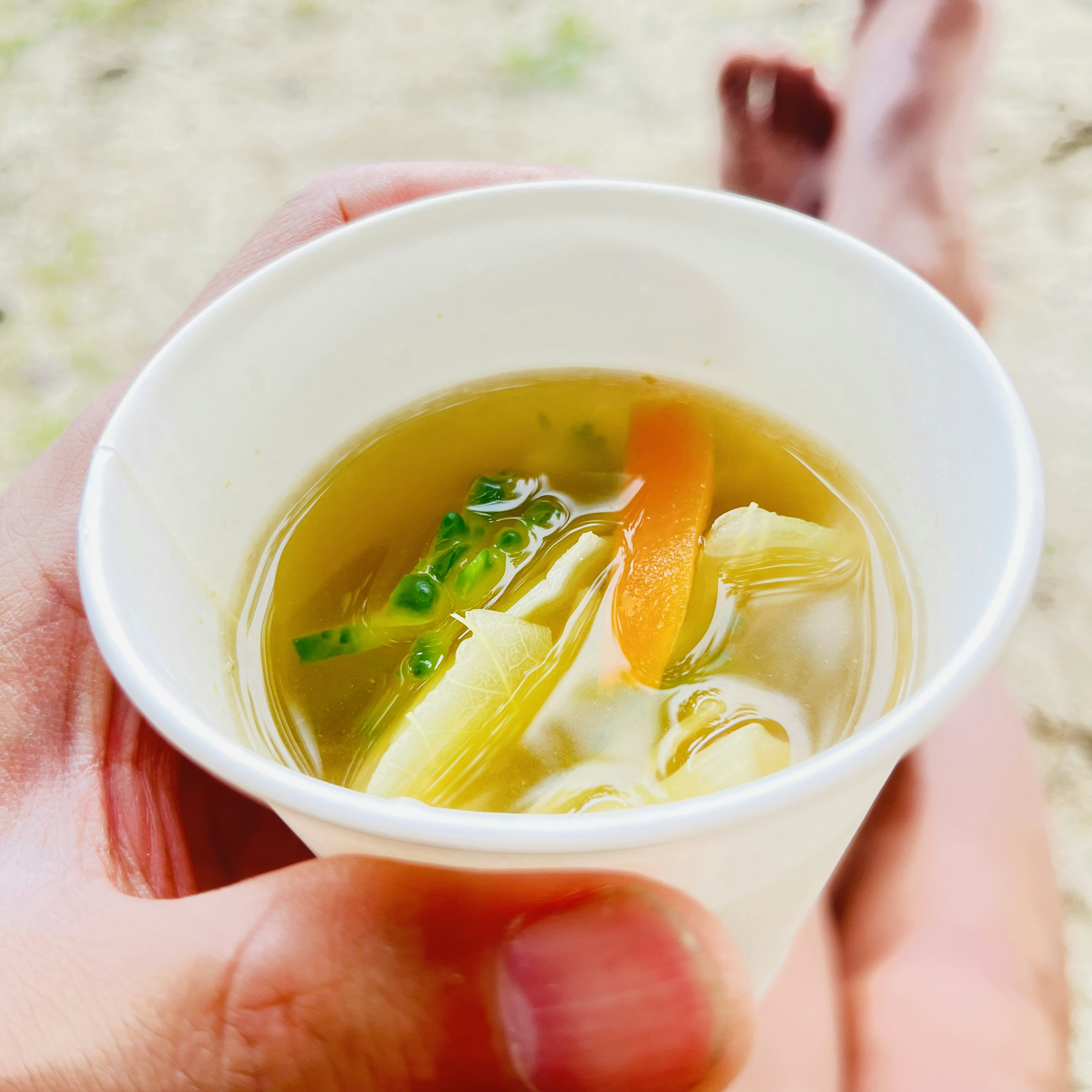 Eine Hand hält eine Tasse klare Suppe mit frischem Gemüse darin