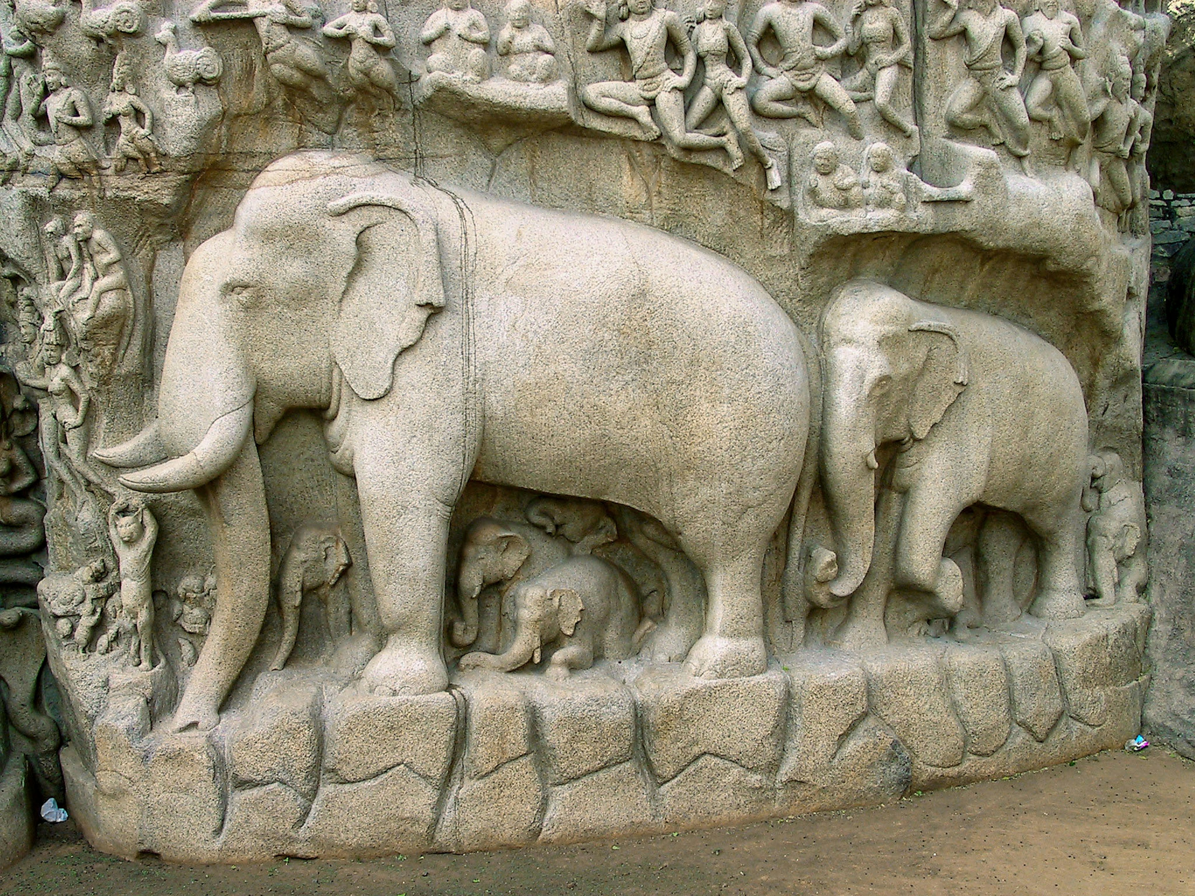 Ein Steinrelief mit Elefanten und kunstvollen Schnitzereien