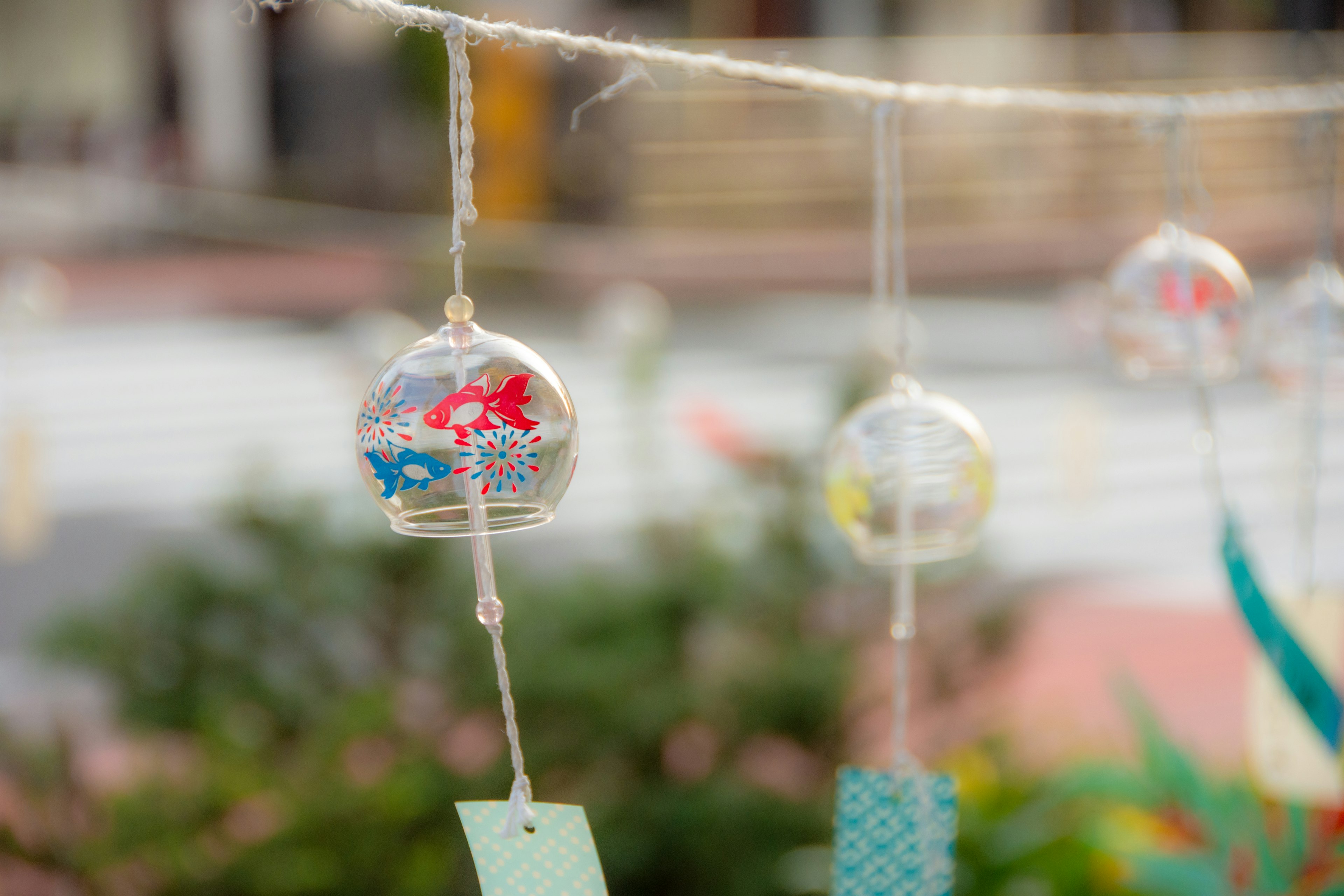 A beautiful scene featuring hanging wind chimes