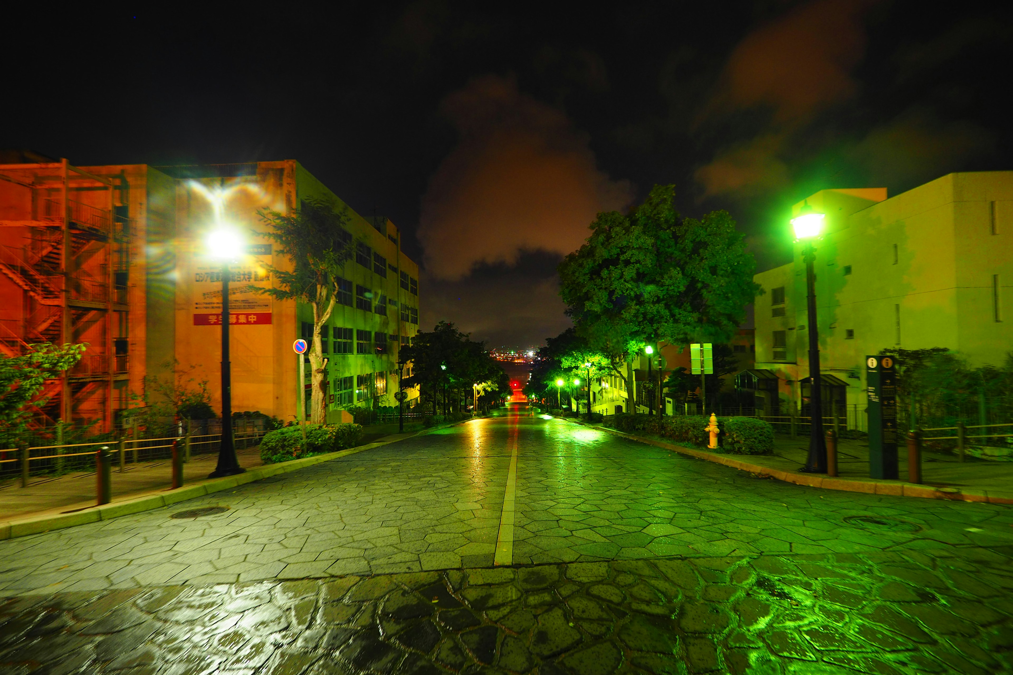 Quiet street at night illuminated by green streetlights